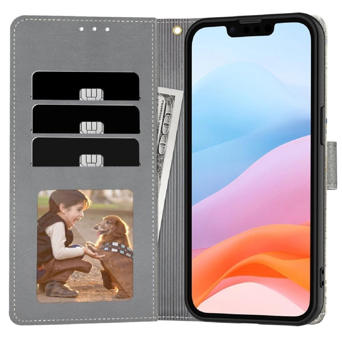 Graue Handyhülle mit Telefon, Geld und Kartenfächern. Ein Foto zeigt einen Jungen und einen Hund. Das Telefon zeigt einen orange-pinken Hintergrund.