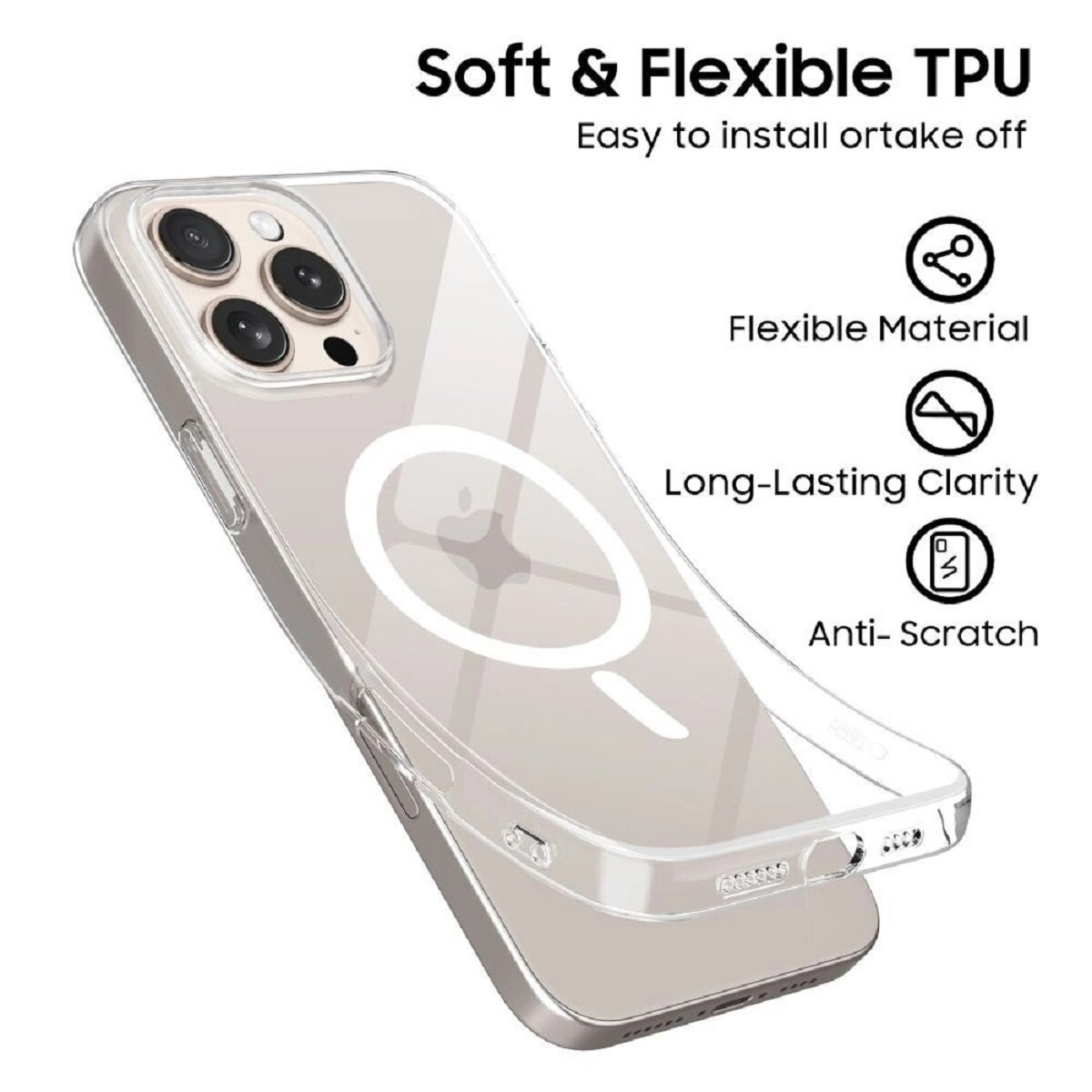 Eine transparente Handyhülle mit silbernem Rahmen. Text auf dem Bild: 'Soft & Flexible TPU', 'Flexible Material', 'Anti-Kratzer'.