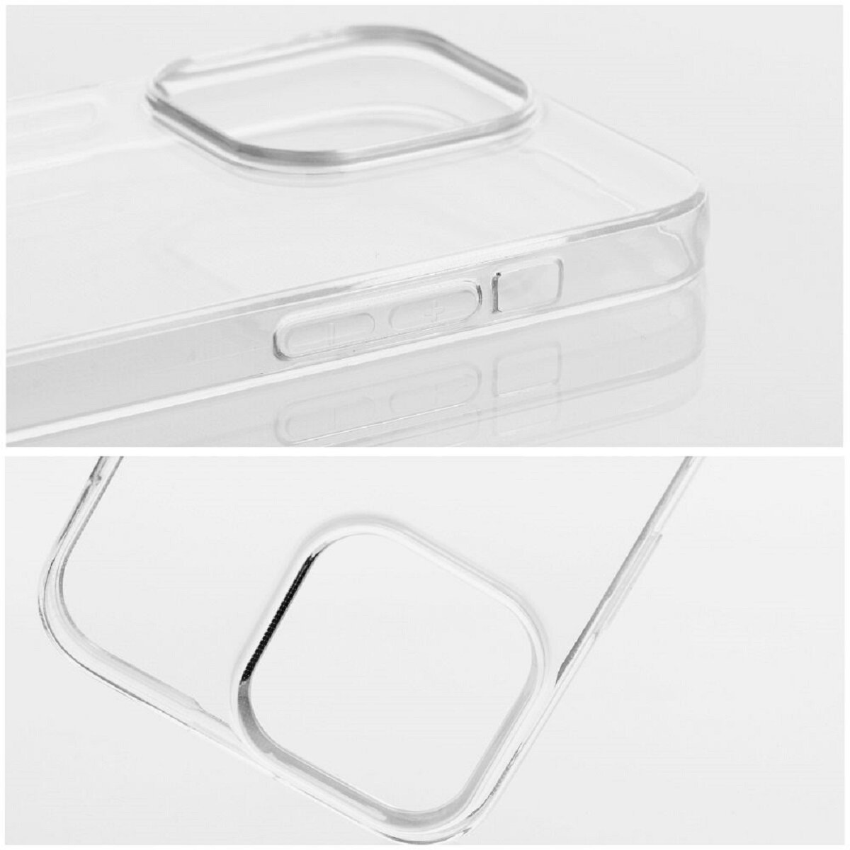 Nahaufnahme einer durchsichtigen Handyhülle mit Kamera- und Knopfausschnitten. Die Hülle ist transparent, reflektiert Licht. Weißer Hintergrund.