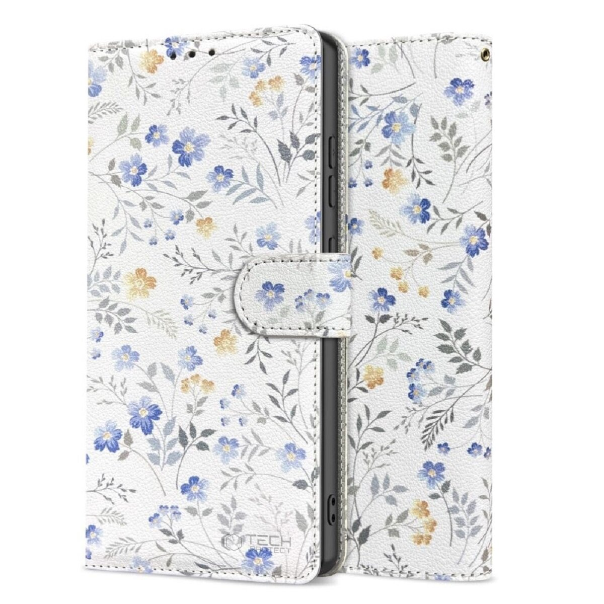 Weiße Handyhülle mit floralem Design. Blaue und gelbe Blumen mit grünen Blättern sind auf der Hülle verstreut.