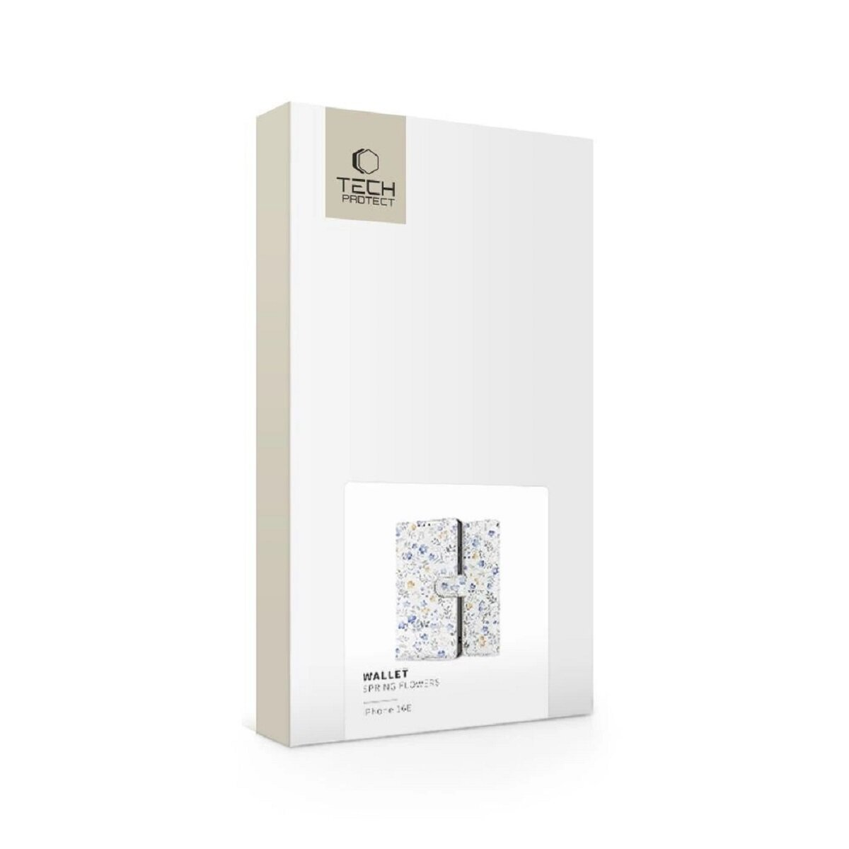 Eine weiße Handyhüllenbox mit floral bedrucktem Portemonnaie darin. Die Box hat das Tech Protect Logo und Produktdetails. Das Portemonnaie hat einen Metallverschluss.