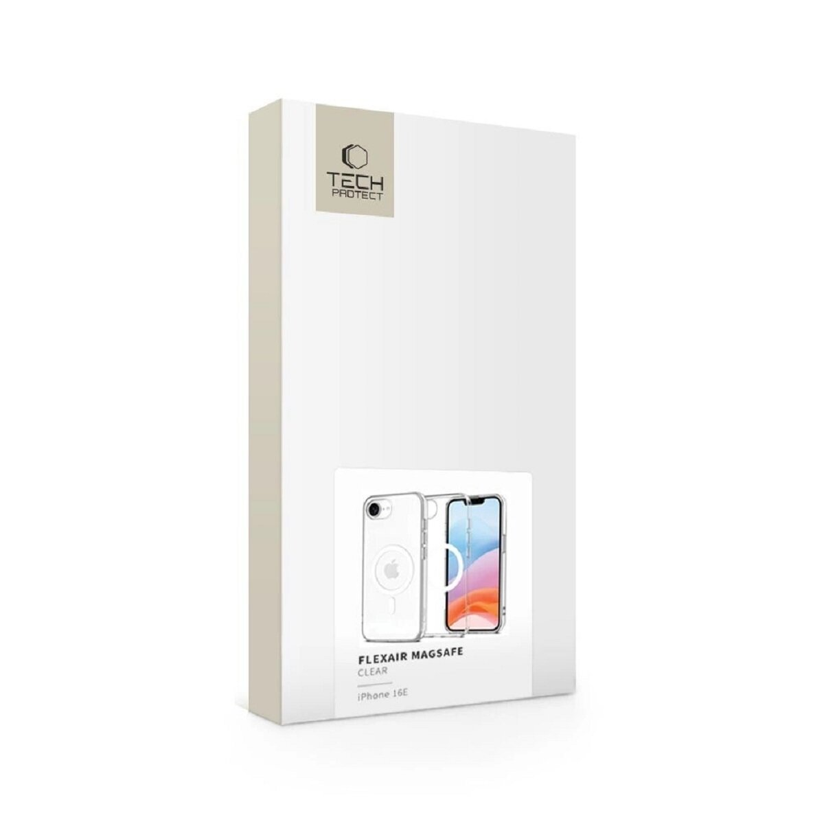 Eine weiße Schachtel zeigt eine Handyhülle mit einem iPhone. Die Hülle ist transparent, und die Schachtel hat das Logo und die Produktdetails der Marke.