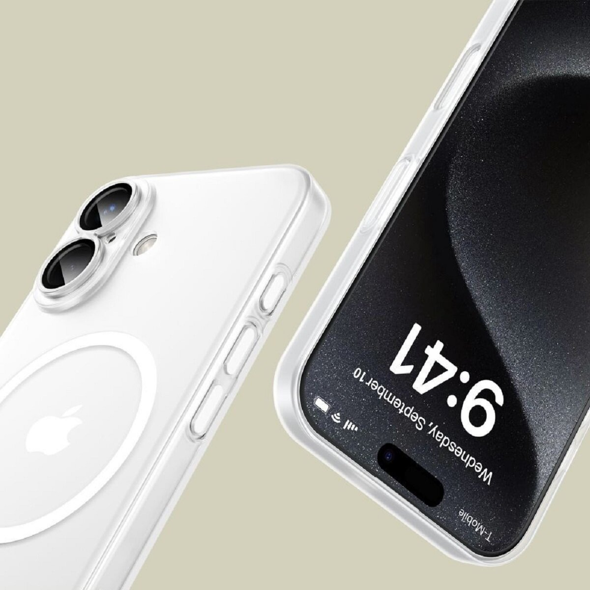 Zwei weiße Smartphones in Hüllen. Eines zeigt die Uhrzeit 9:41. Apple-Logo sichtbar. Heller beiger Hintergrund.