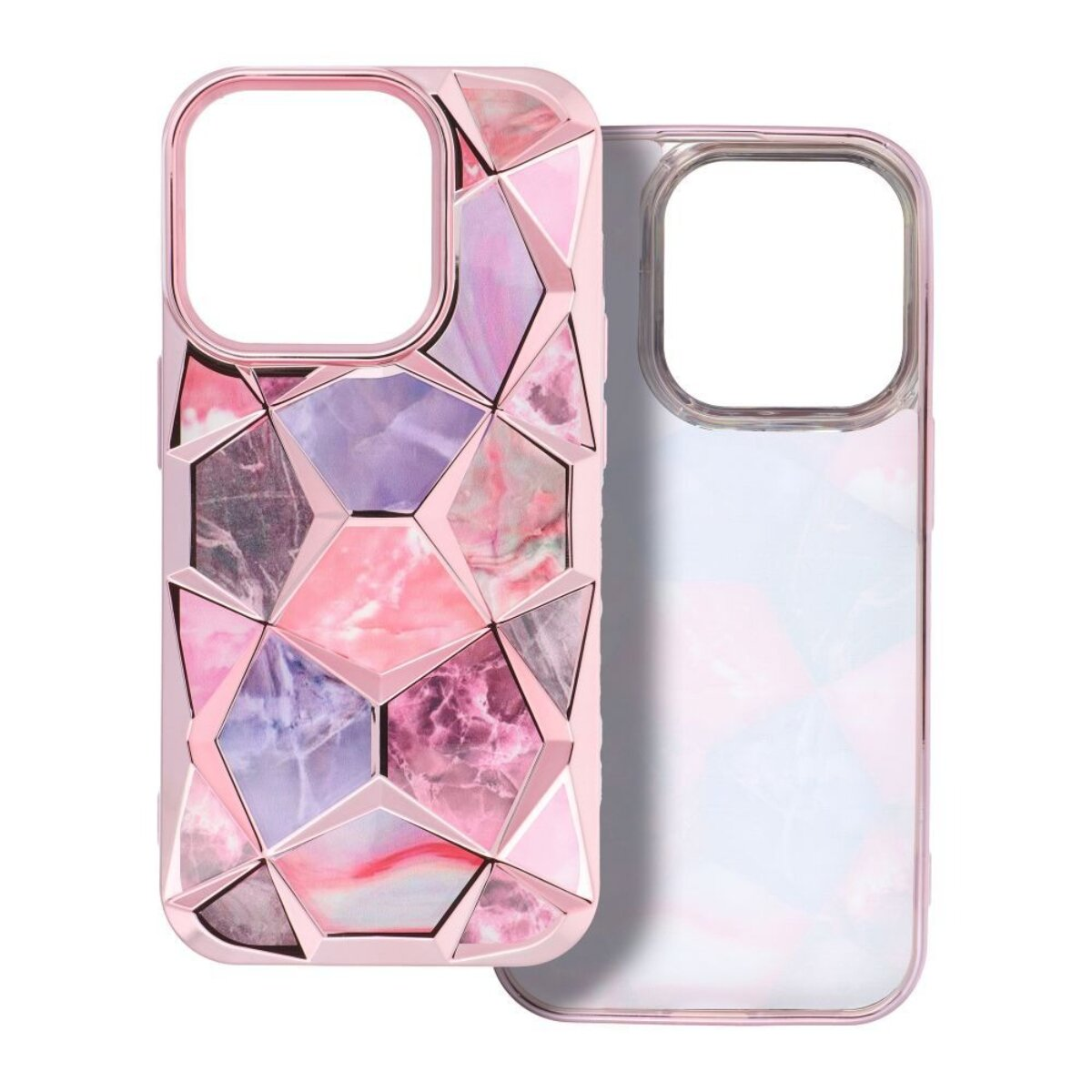Zwei rosa Handyhüllen. Eine mit geometrischem Design in rosa und lila Marmormuster. Die andere ist klar.