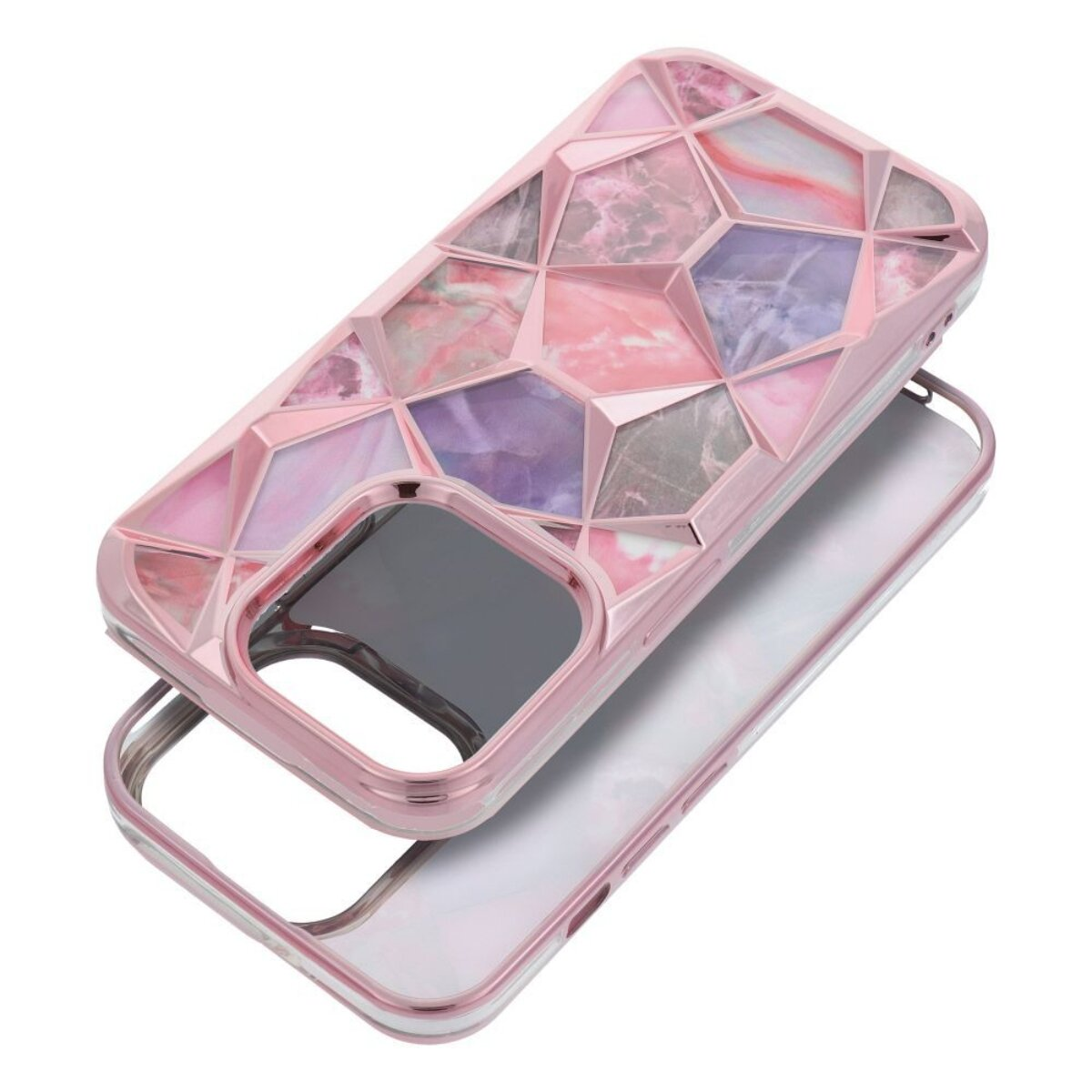 Eine offene, rosa Handyhülle mit marmorartigem Design. Die Hülle hat ein geometrisches Muster und einen durchsichtigen Boden.