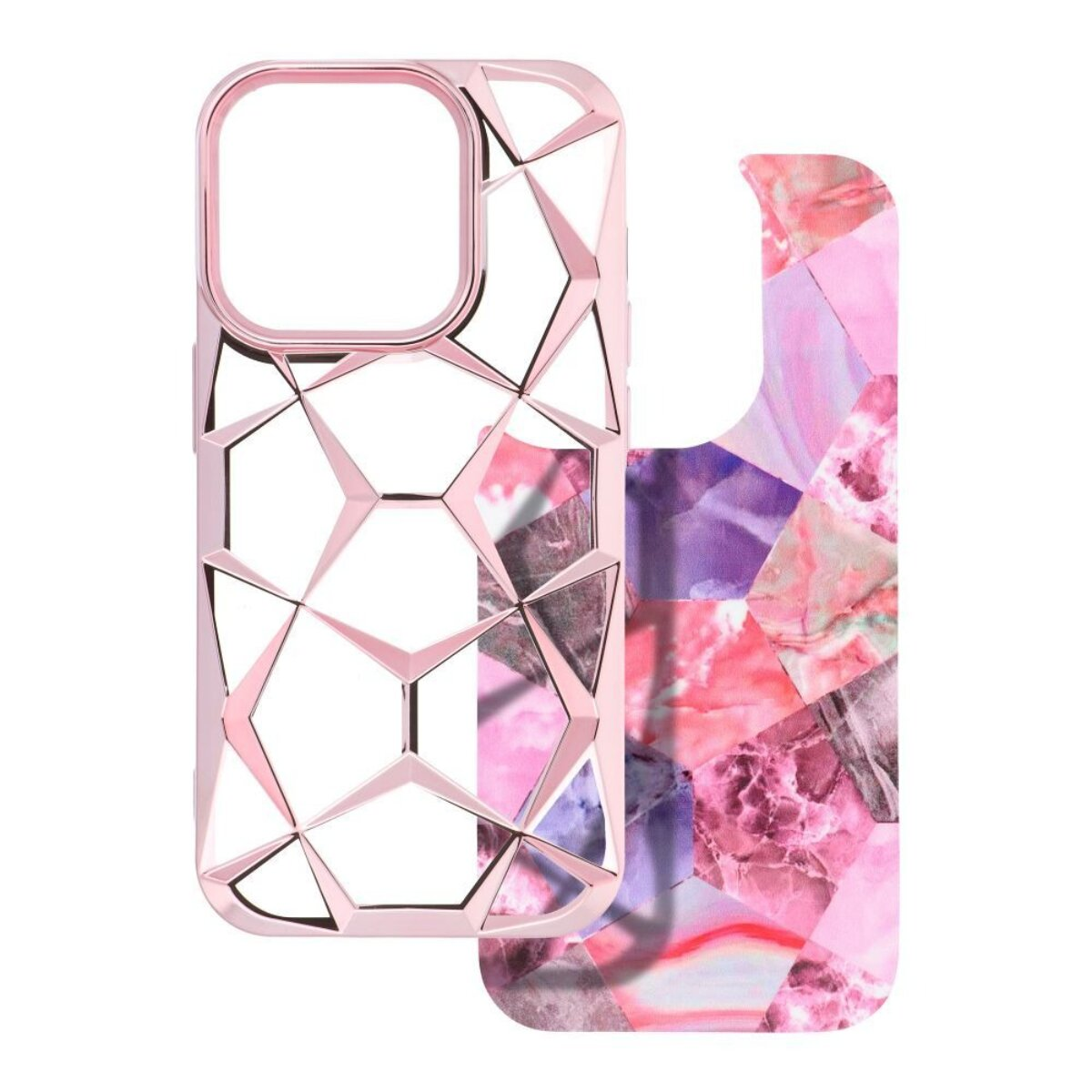 Eine roségoldene Handyhülle mit geometrischem Design auf einem bunten, abstrakten Muster. Es ist ein zweiteiliges Design.