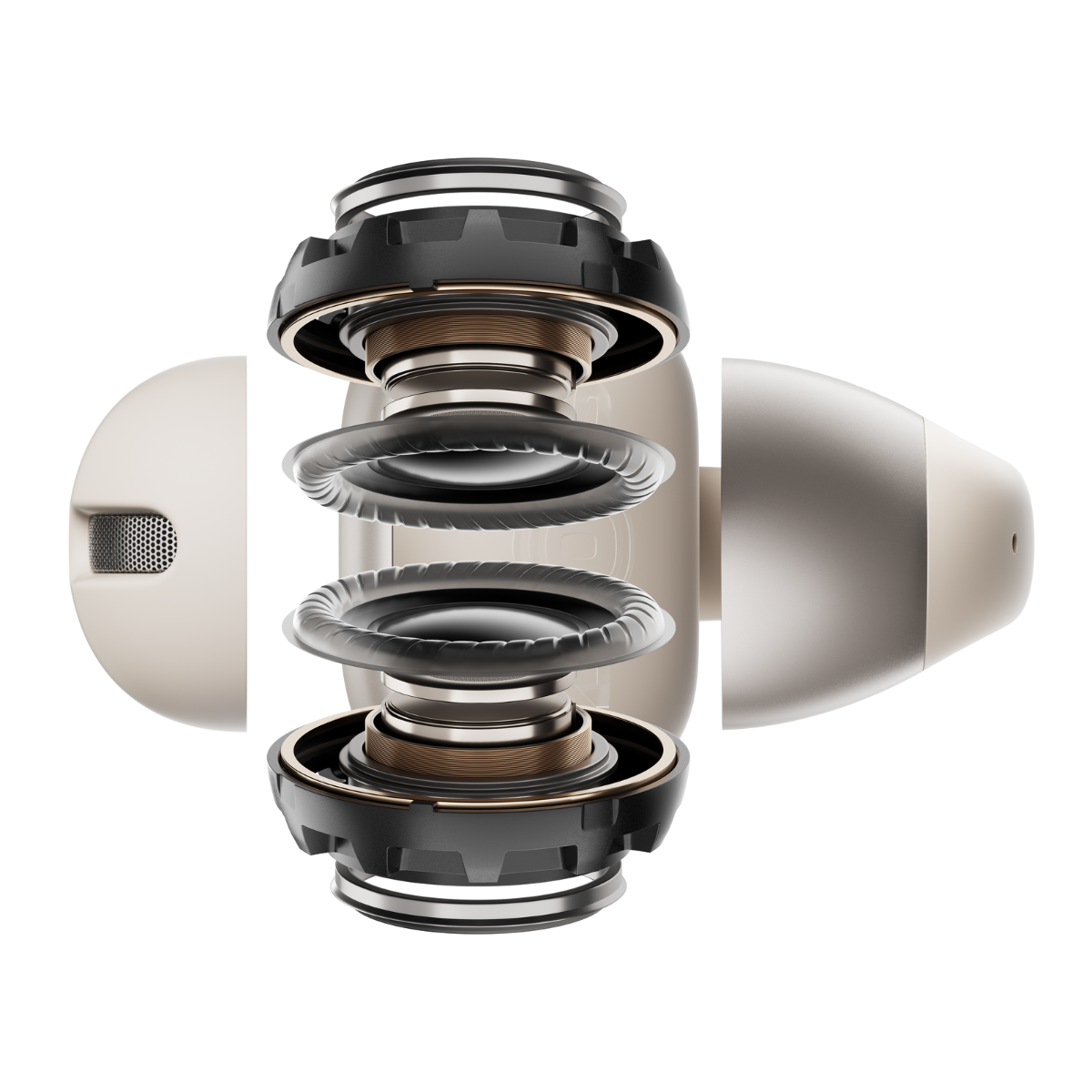 Widok rozłożony słuchawki dousznej, ujawniający elementy wewnętrzne. Sekcje pokazują części głośnika, siatkę i obudowę zewnętrzną.