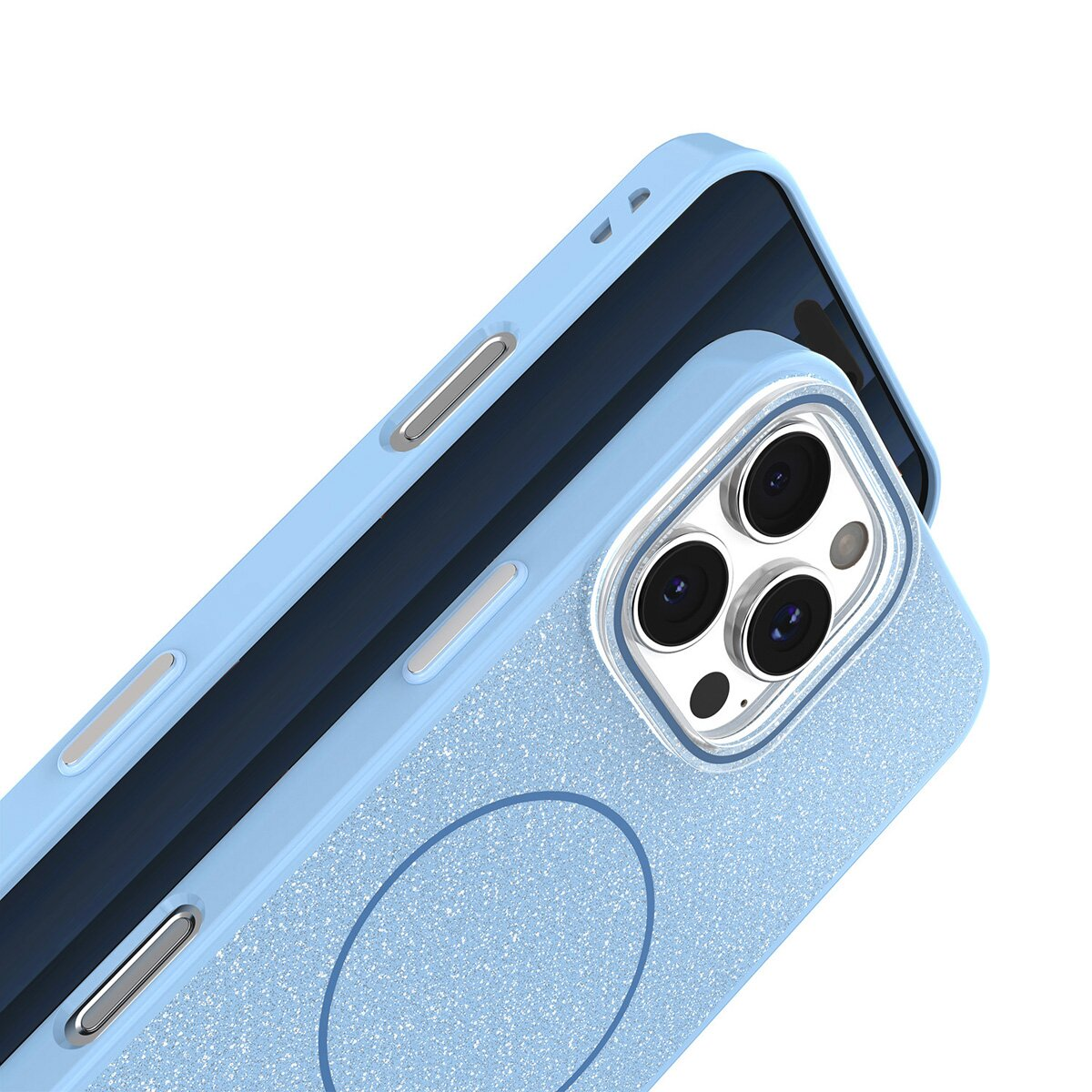 Eine hellblaue Handyhülle mit glitzernder Textur und einem Kreis auf der Rückseite. Die Hülle liegt auf einem dunkelblauen Handy.