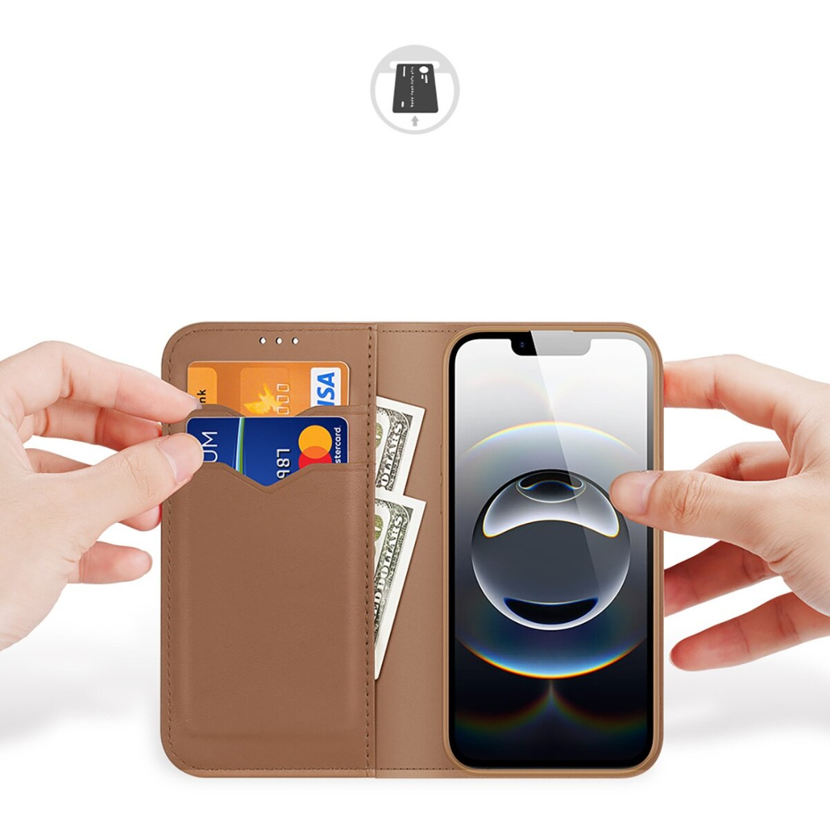 Eine Handyhülle mit Handy, Karten und Bargeld. Eine Hand steckt eine Karte in einen Schlitz. Braune Lederhülle.