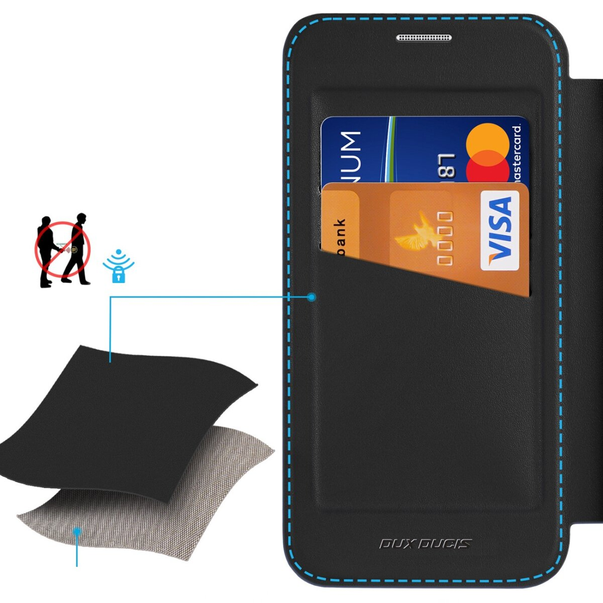 Schwarze Handyhülle mit Karten. Visa und Mastercard sichtbar. Anti-Diebstahl-Symbol und Diagramm vorhanden. Marke DUX DUCIS.