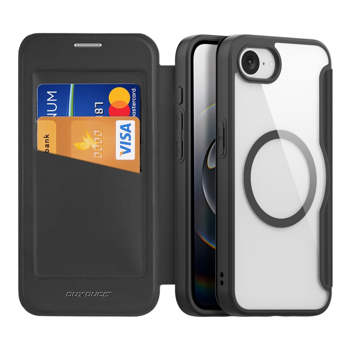 Schwarze Handyhülle mit Klappdeckel. Kreditkarten innen. Telefon ist weiß mit schwarzem Ring. Klare Hülle mit sichtbarem Kamera Loch.