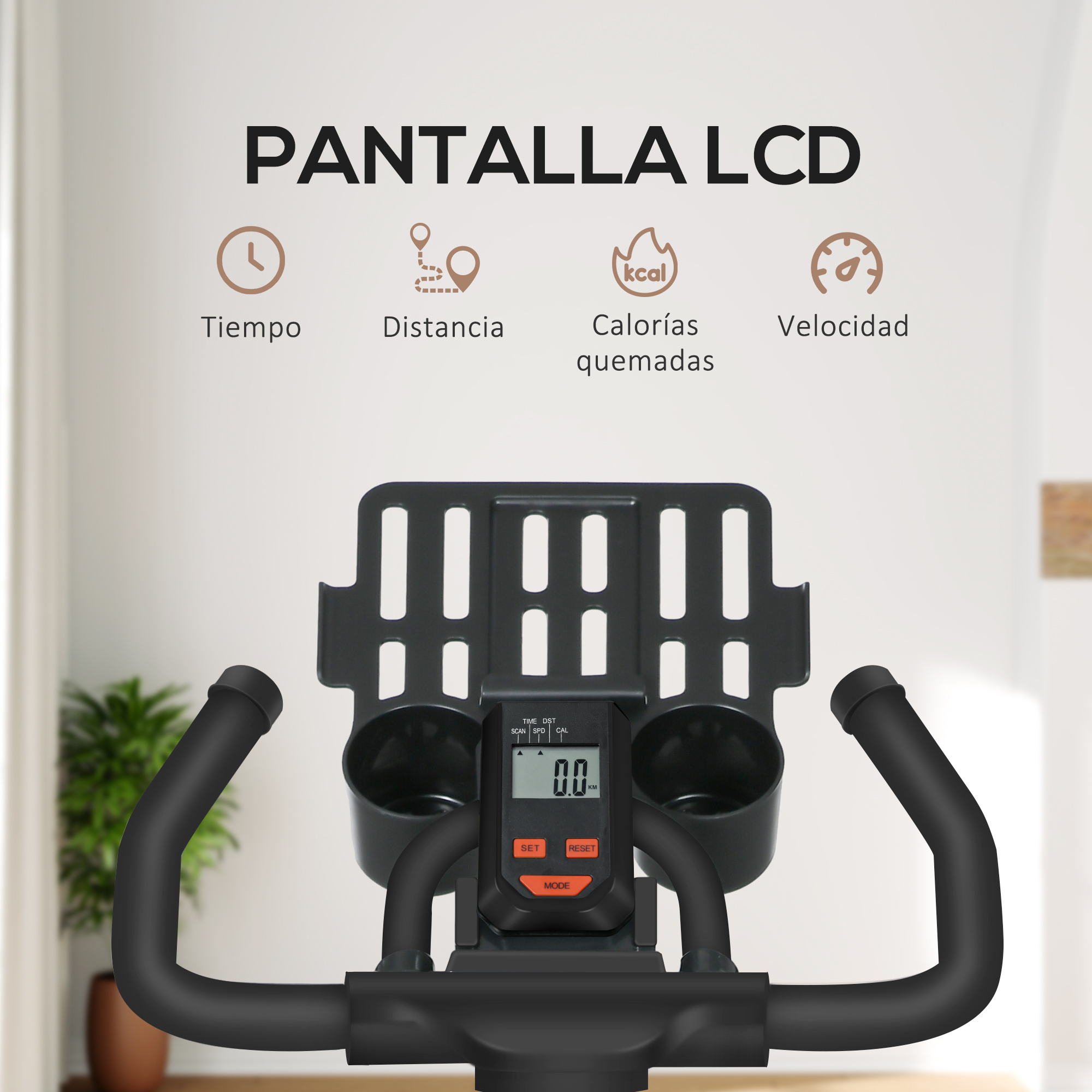 La consola de la bicicleta muestra tiempo, distancia, calorías y velocidad. Manillar negro, pantalla y dos portavasos visibles.
