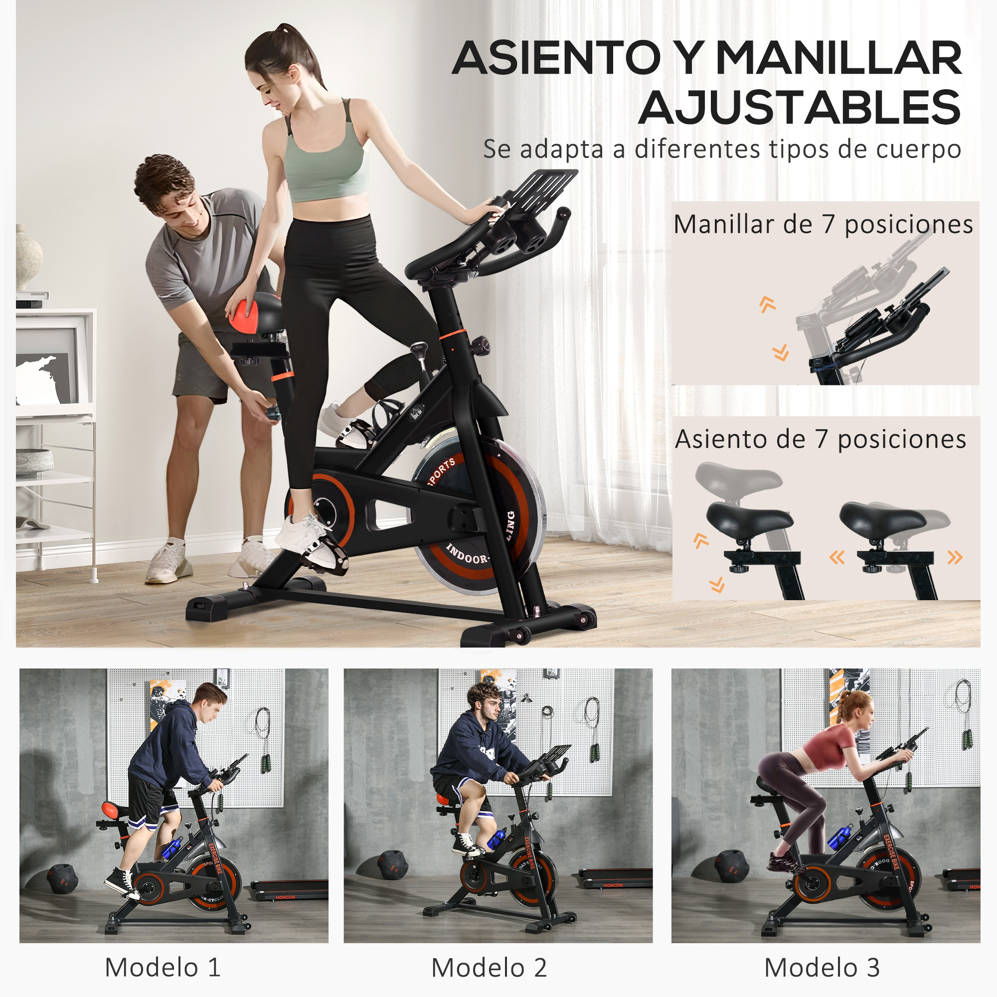 Un hombre y una mujer ajustando una bicicleta de ejercicios. La imagen muestra el asiento y el manillar ajustables de la bicicleta.