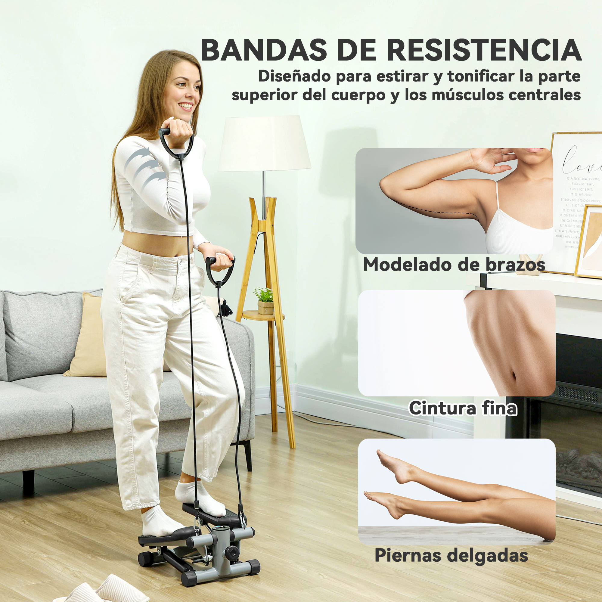 Mujer usando máquina de banda de resistencia. El texto destaca el tono de brazos, cintura y piernas, con imágenes.