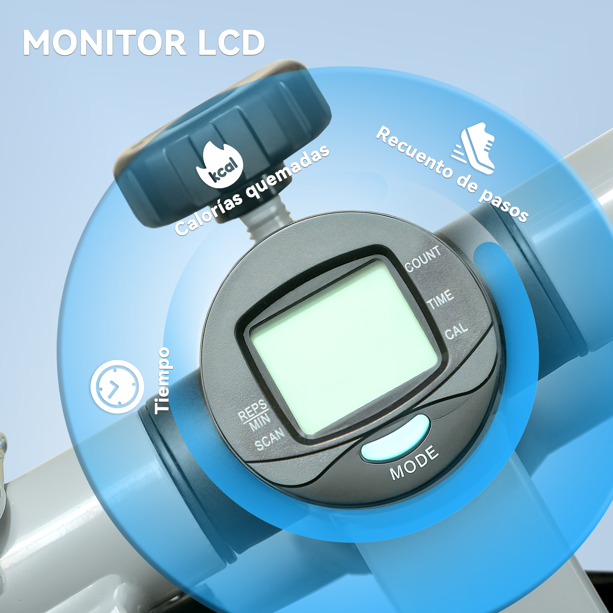Monitor LCD de fitness con indicadores de tiempo, calorías y conteo de pasos. El monitor es azul y gris y tiene una pantalla verde.