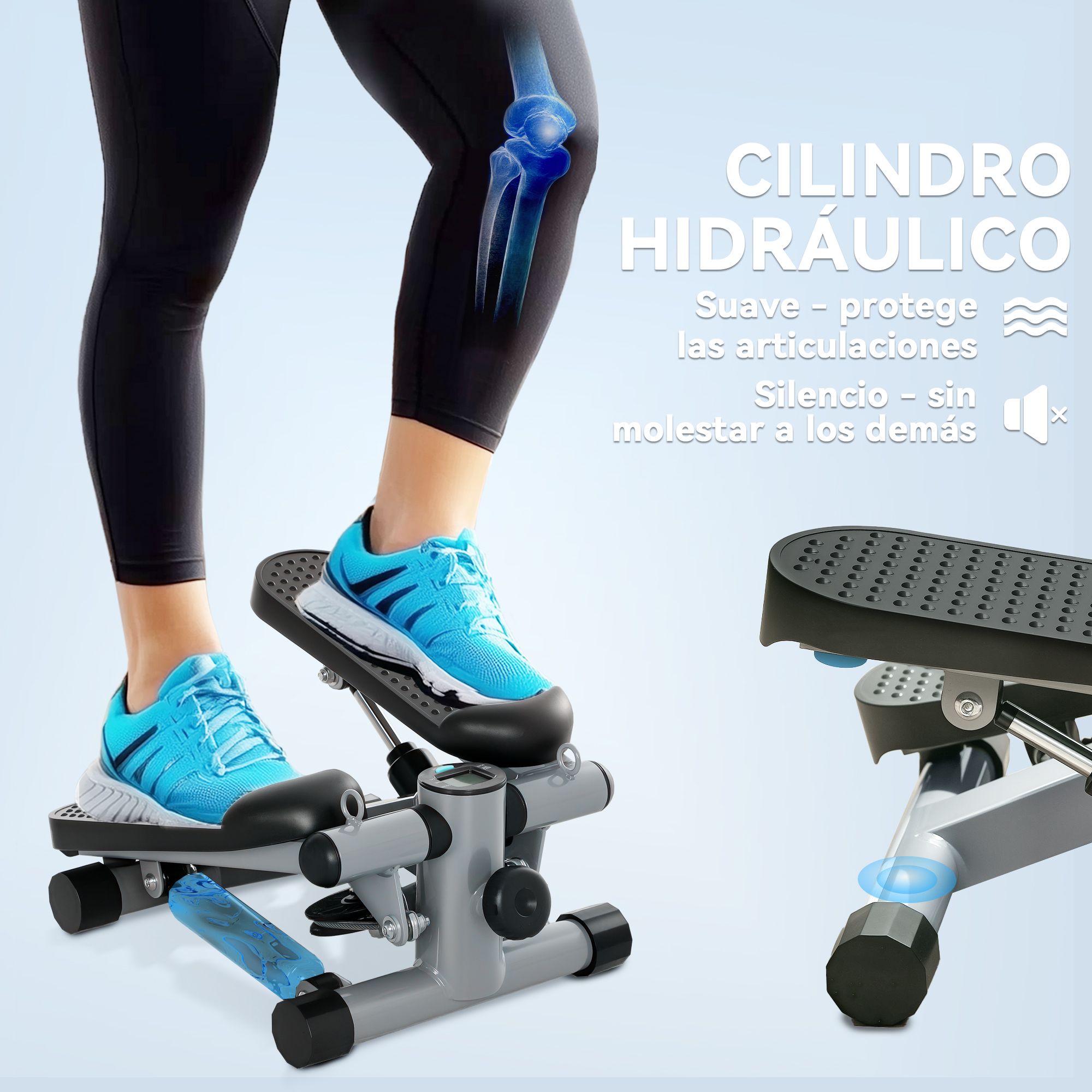 Persona usando un stepper. Zapatos azules, leggings negros y un stepper gris. Texto: 'Cilindro hidráulico' y beneficios.