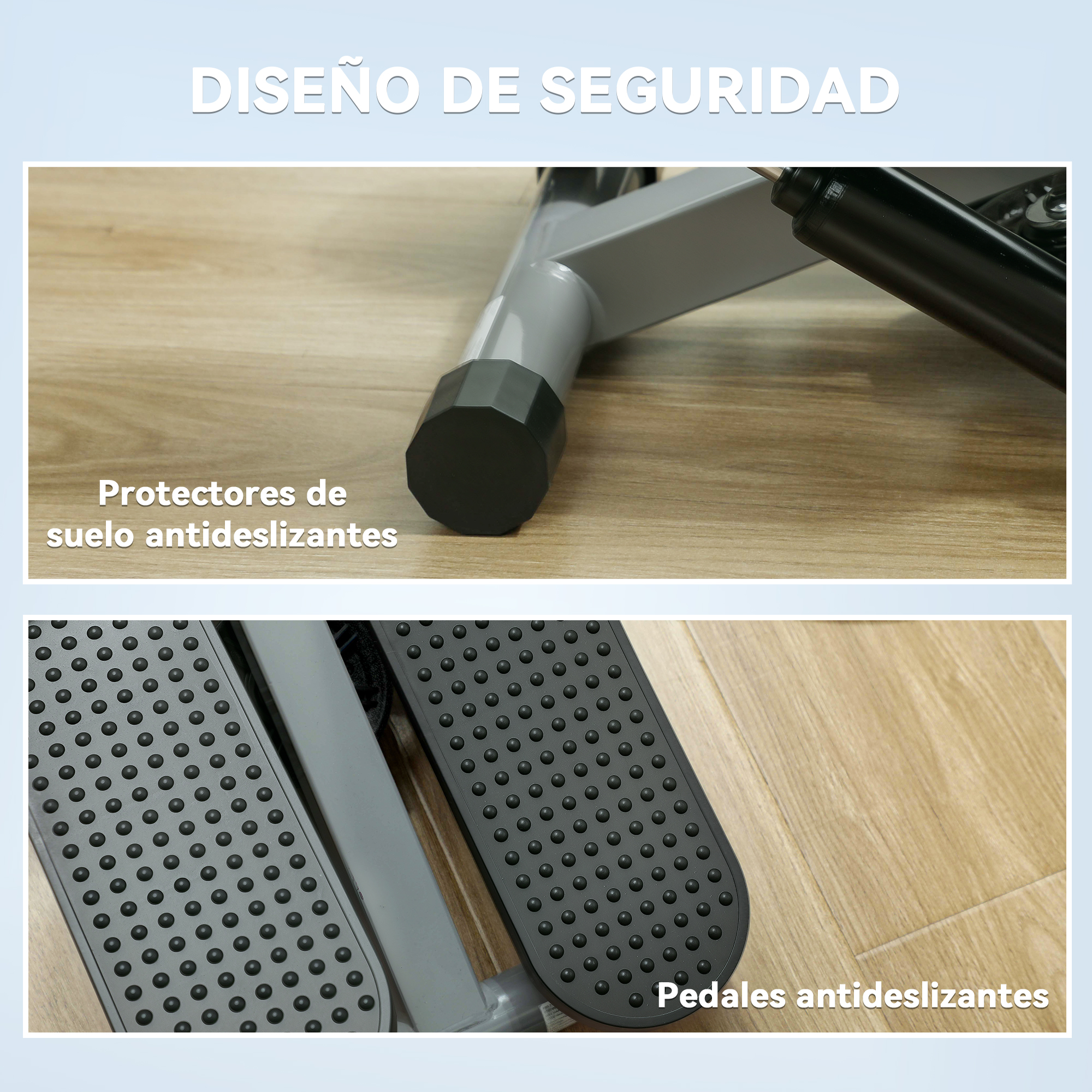La imagen muestra un detalle de una máquina de step. Tiene pedales antideslizantes y protectores de suelo. El fondo es un suelo de madera.