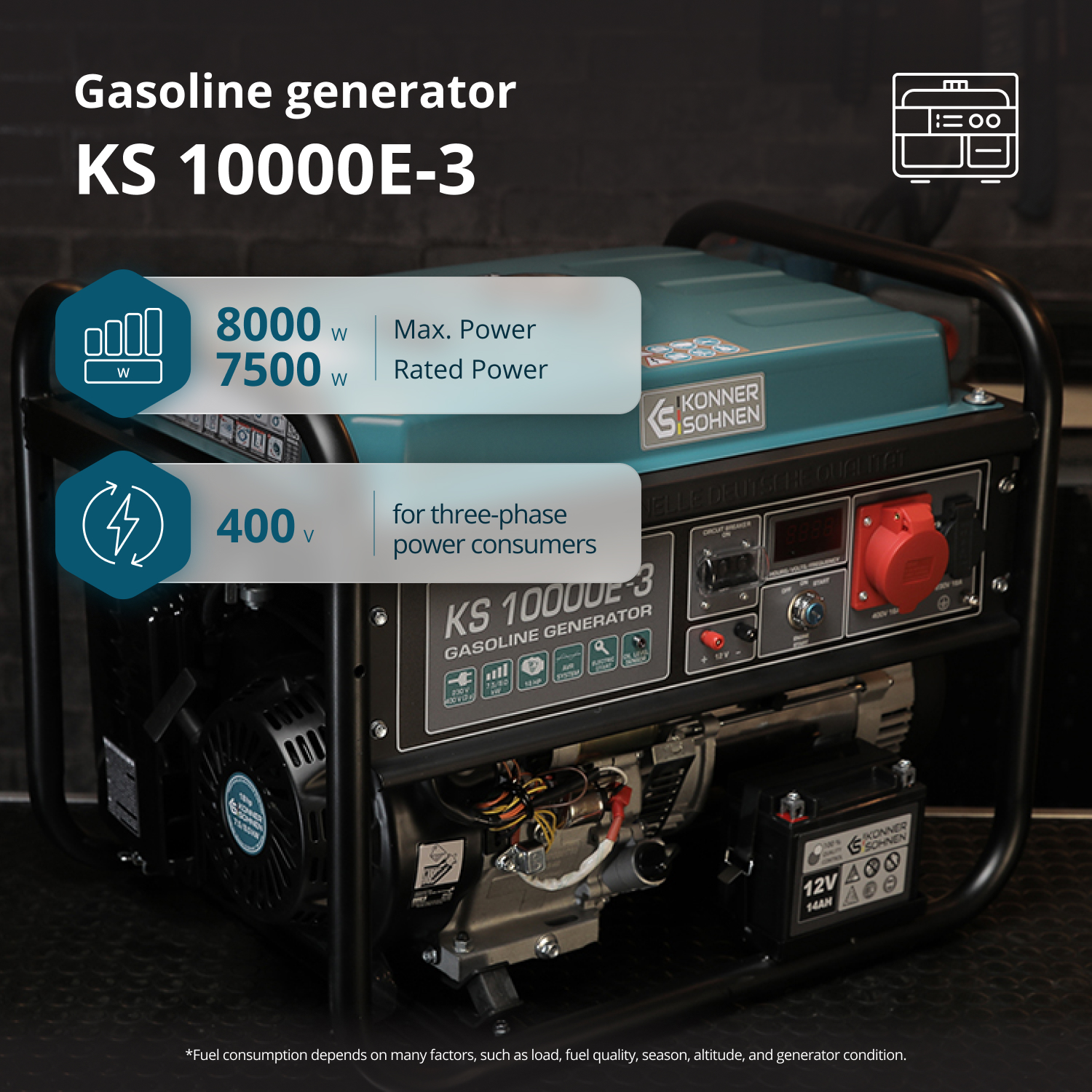Agregat benzynowy KS 10000E-3, ze szczegółami mocy i logo marki. Agregat jest czarny i niebiesko-zielony.