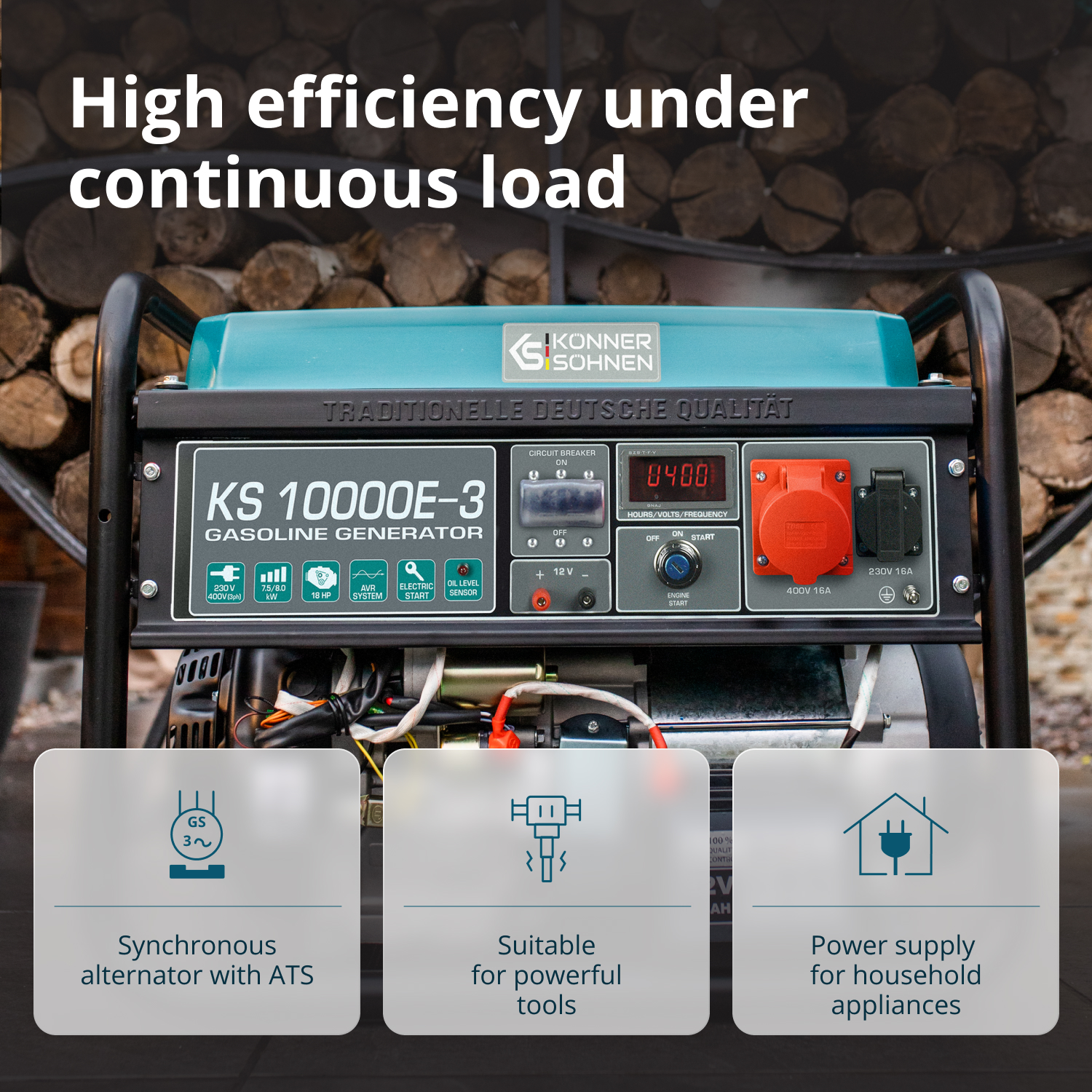 Agregat benzynowy z czarną ramą, turkusowym blatem i panelem sterowania. Tekst zawiera "KS 10000E-3" i "Wysoka wydajność."