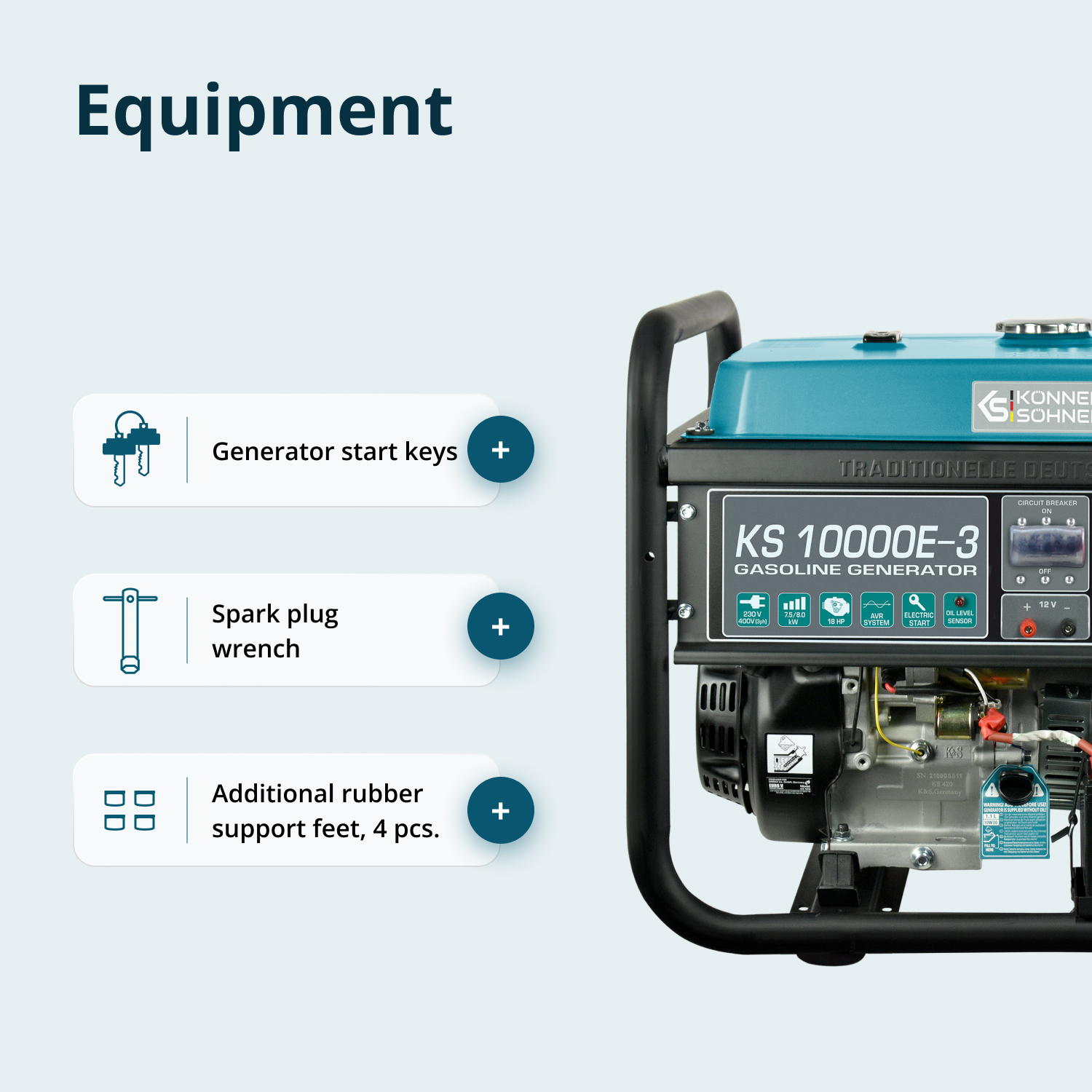 Generator z turkusowym blatem, czarną ramą i ikonami wyposażenia: klucze, klucz do świec i gumowe nóżki.