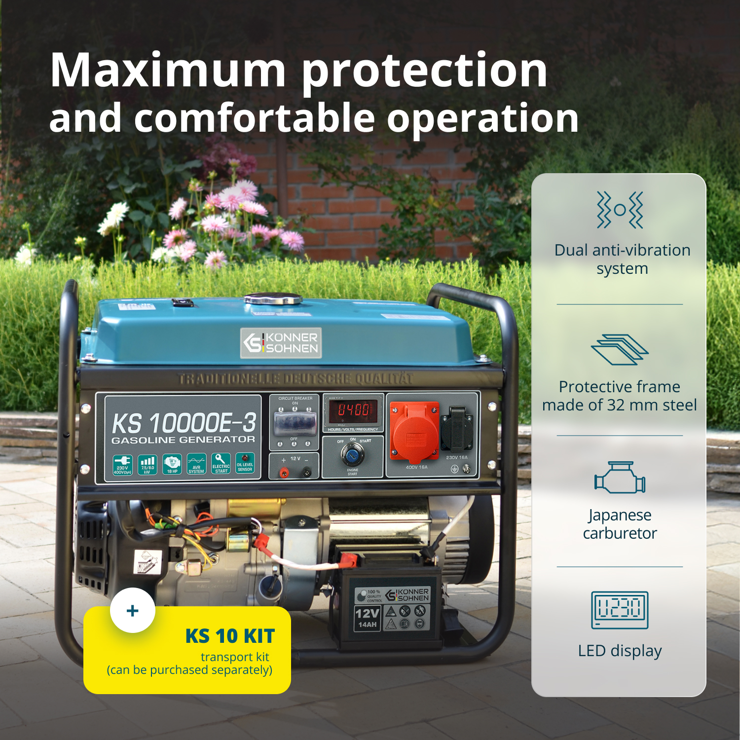 Turkusowy agregat benzynowy z oznaczonymi funkcjami. Zawiera zestaw transportowy. Tekst: Maksymalna ochrona i komfortowa obsługa.