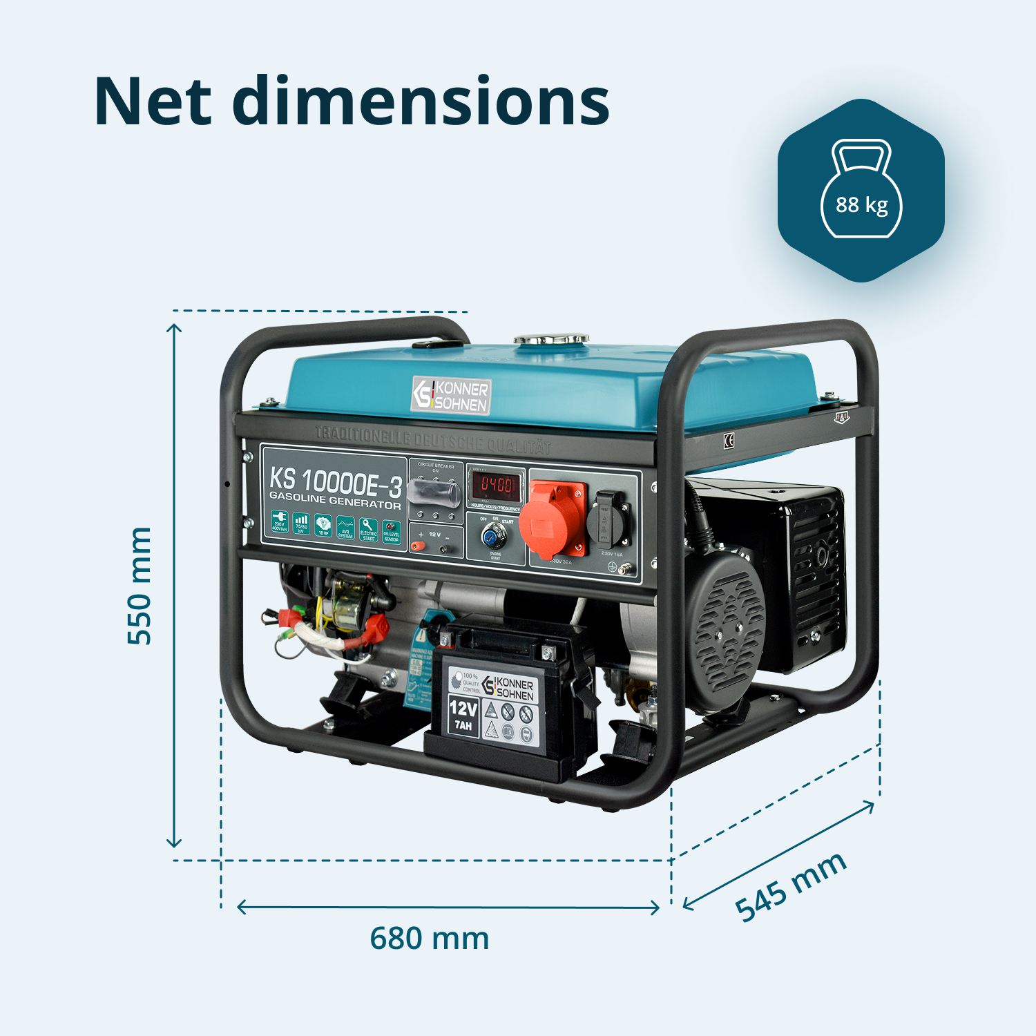 Generator benzynowy z wymiarami, wagą i turkusowym blatem. Wyświetla wymiary 550x680x545mm i waży 88 kg.