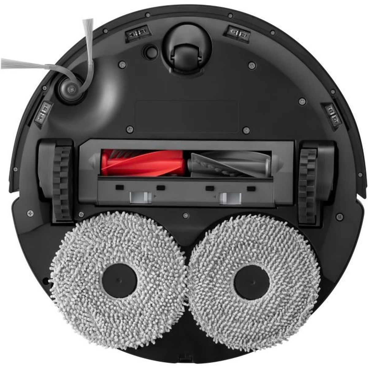 Black robot vacuum cleaner bottom view. Includes cleaning brushes, wheels, and two gray circular pads. Red and gray brushes visible.
