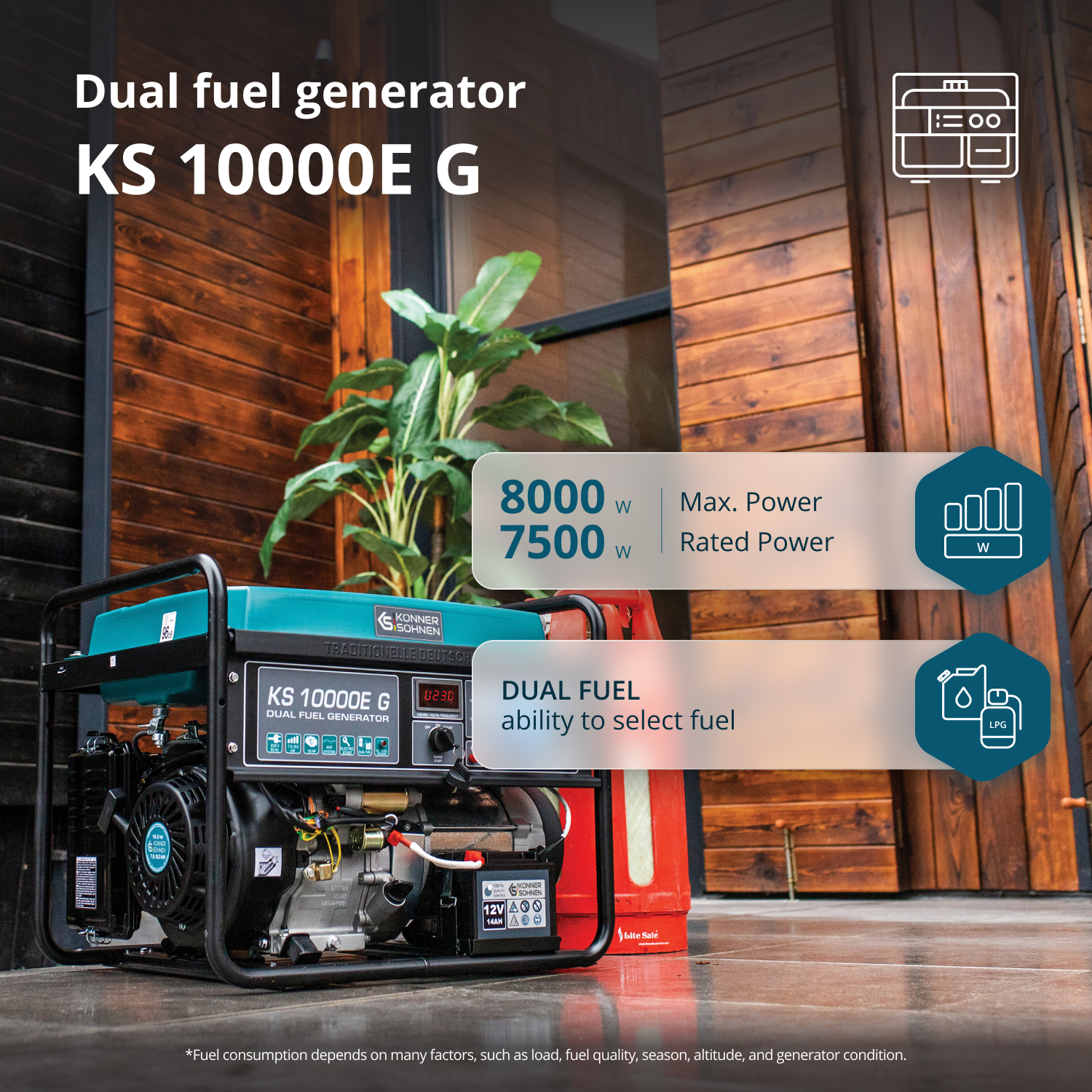 Generator dwupaliwowy, KS 10000E G, o mocy maks. 8000W. Pokazuje wybór paliwa i roślinę.