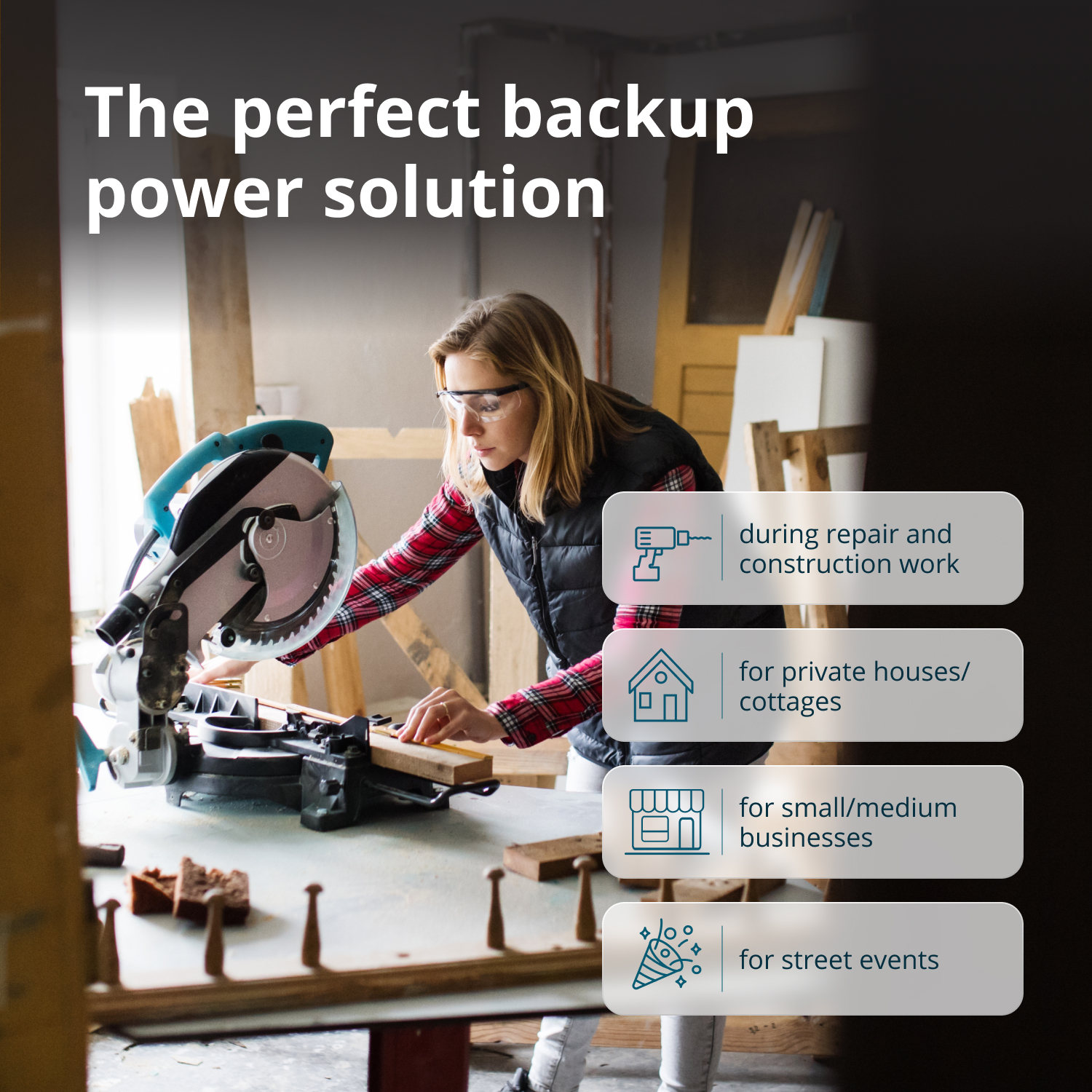 Kobieta w okularach ochronnych używa piły tarczowej. Scena obejmuje stół warsztatowy, drewno i tekst o rozwiązaniach zasilania awaryjnego.