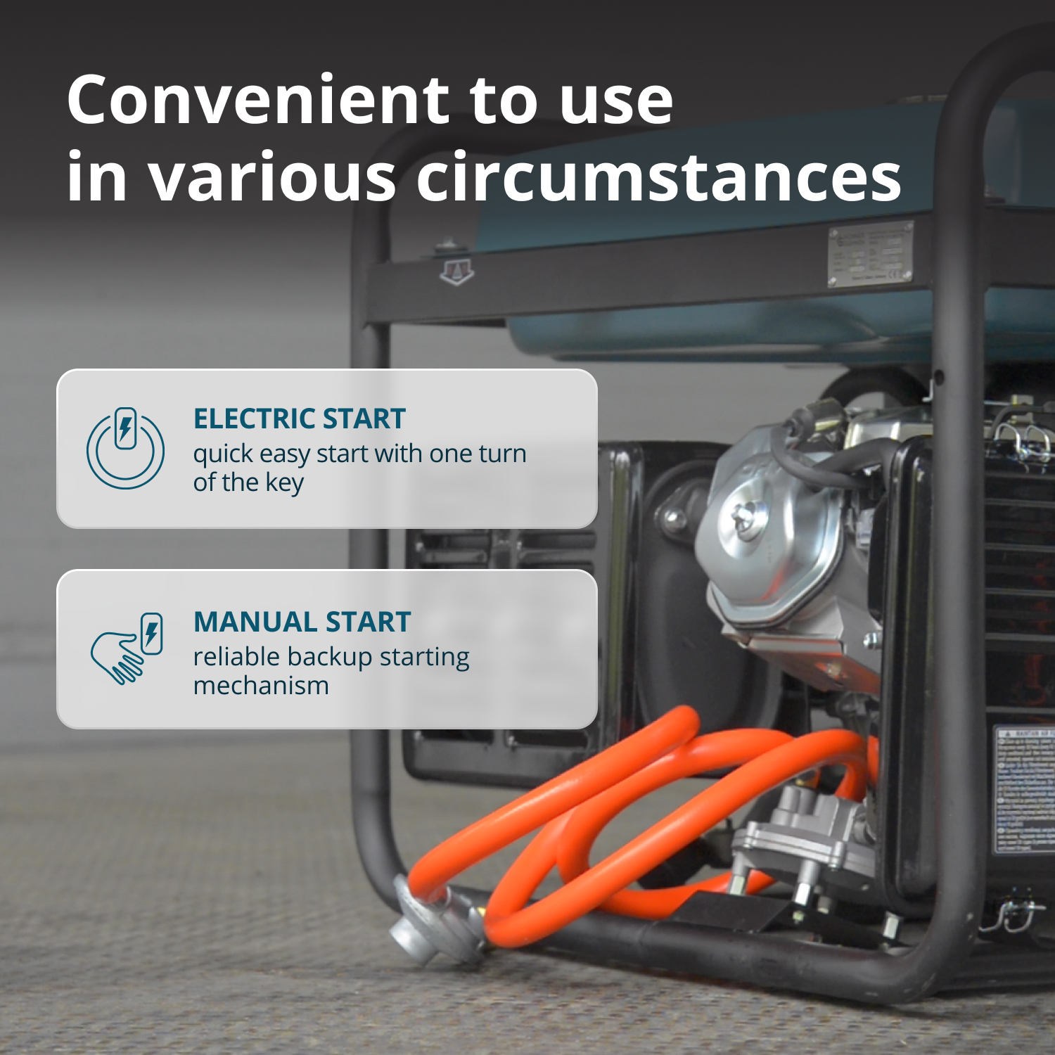 Generator z pomarańczowymi rurami, czarną ramą i polami tekstowymi: Start elektryczny i Start ręczny. Tło: tekst "Wygodny w użyciu...".