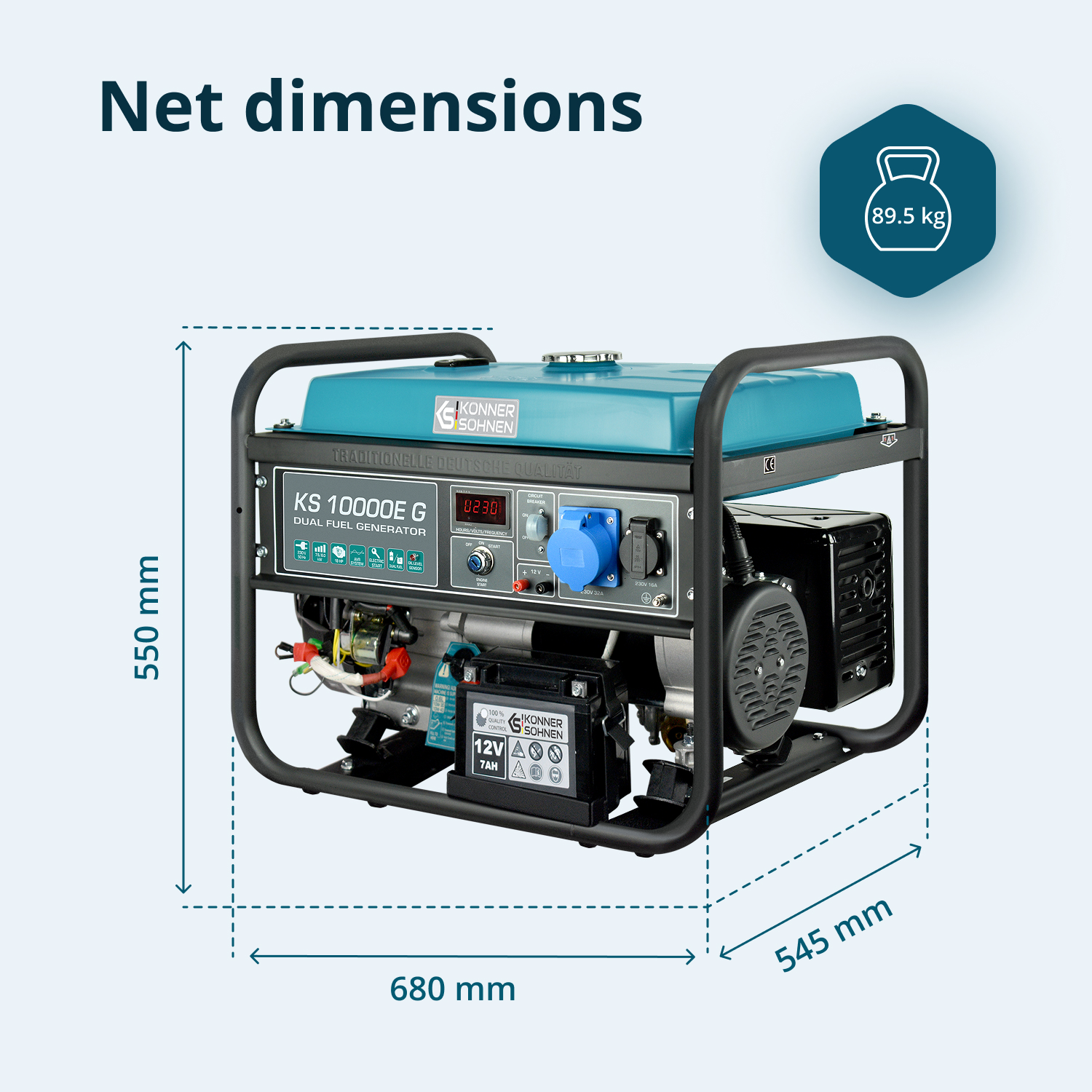 Ein Generator mit Abmessungen und Gewichtsangaben. Zeigt die Details des Generators, einschließlich Marke und Modell.