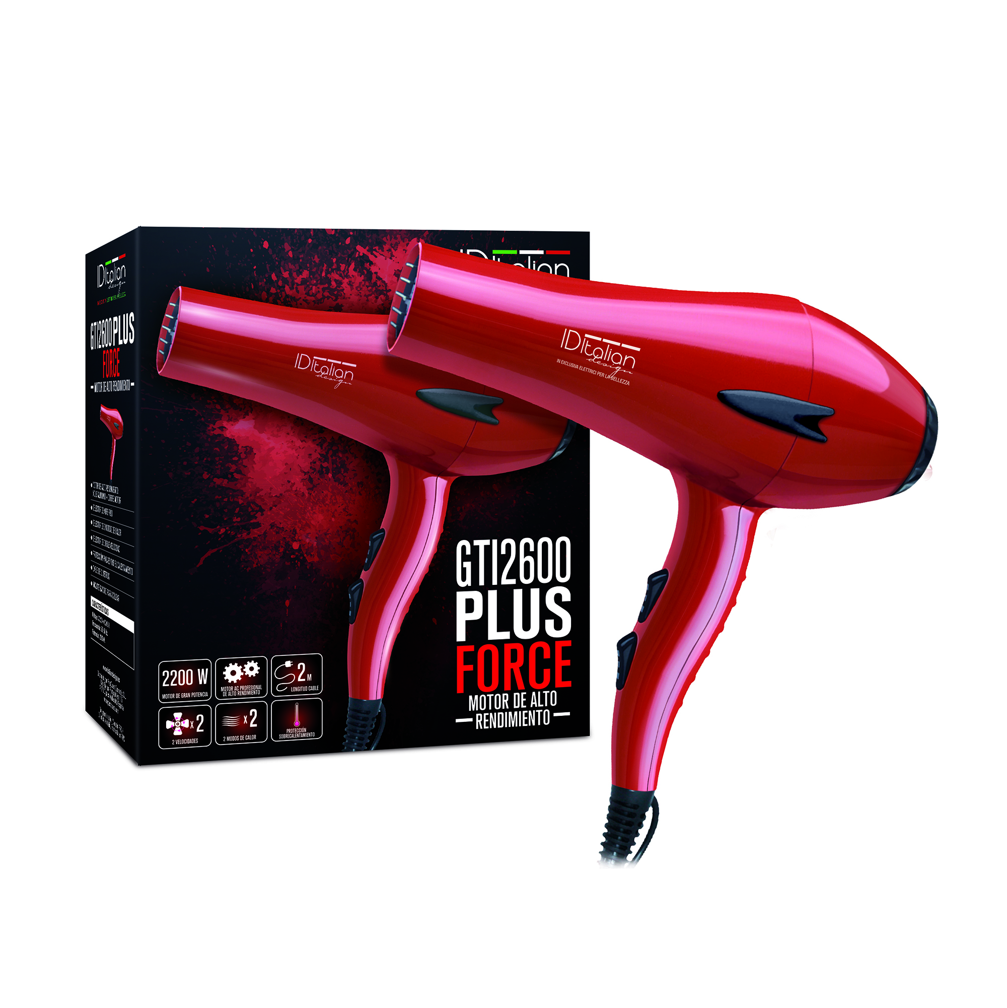Dwie czerwone suszarki do włosów przed pudełkiem. Pudełko ma tekst i obrazy. Suszarki do włosów są markowe GTI2600 PLUS FORCE.
