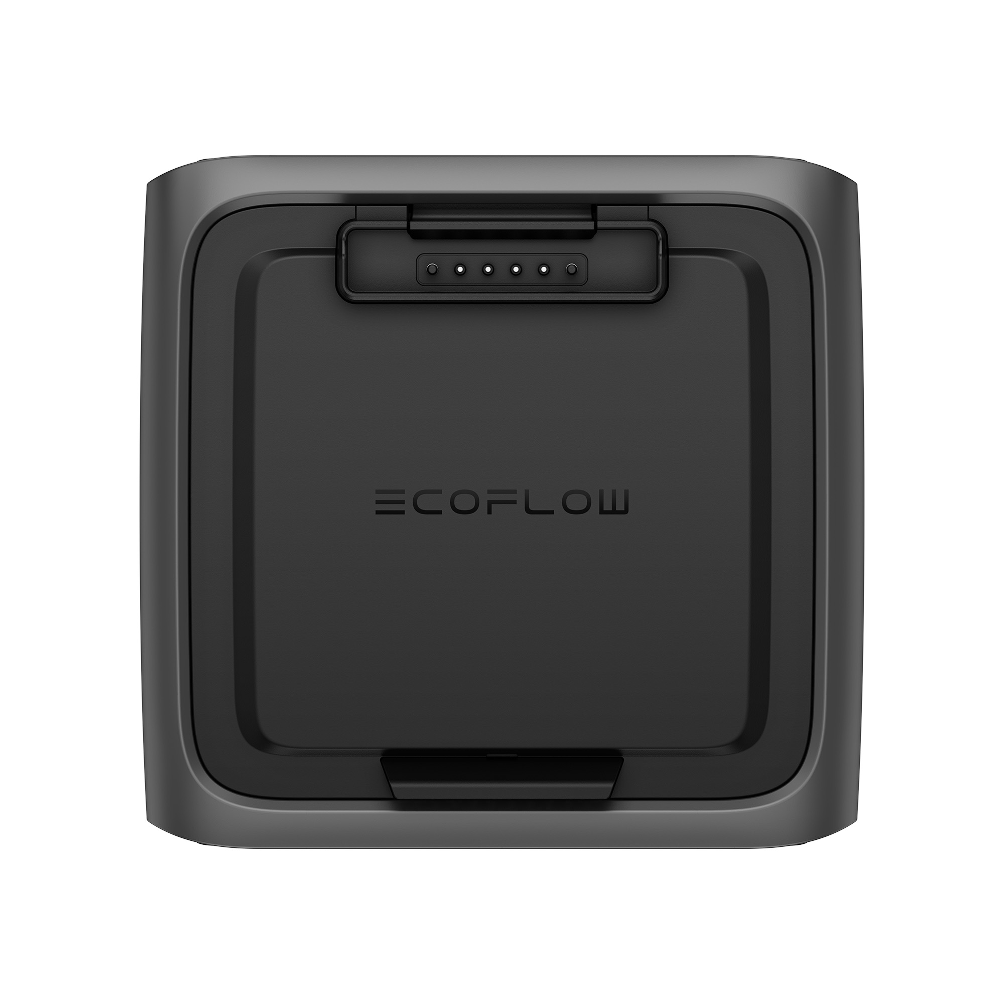 Un dispositivo EcoFlow nero, quadrato con maniglia superiore e coperchio incassato. Il logo è visibile.