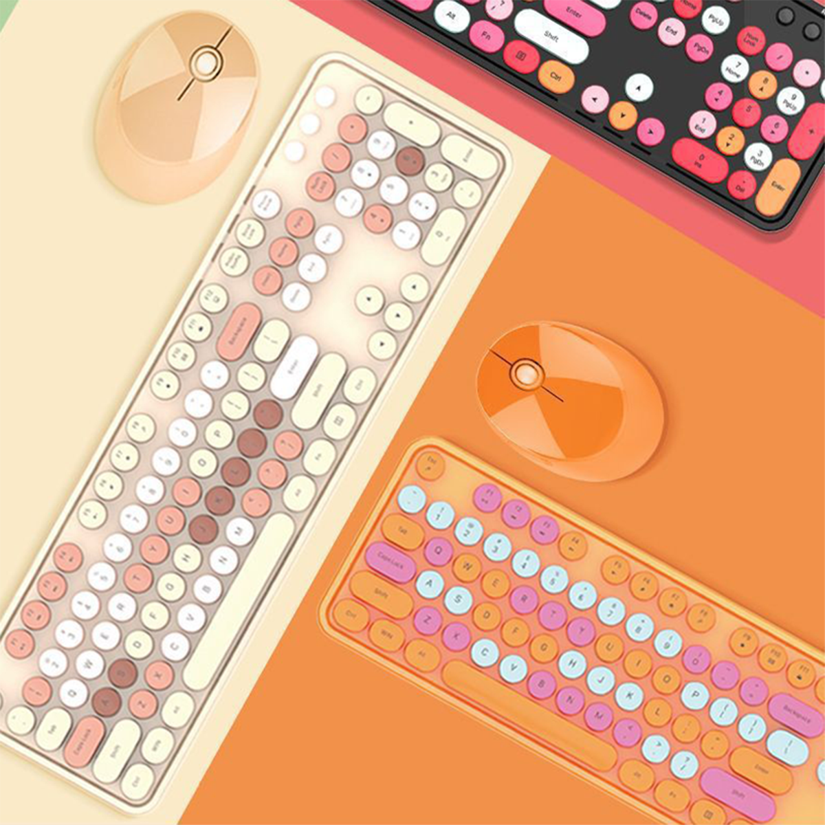 Tres teclados y dos ratones están dispuestos sobre un fondo colorido. Los teclados tienen teclas redondas. Uno es negro, otros naranja y blanco.