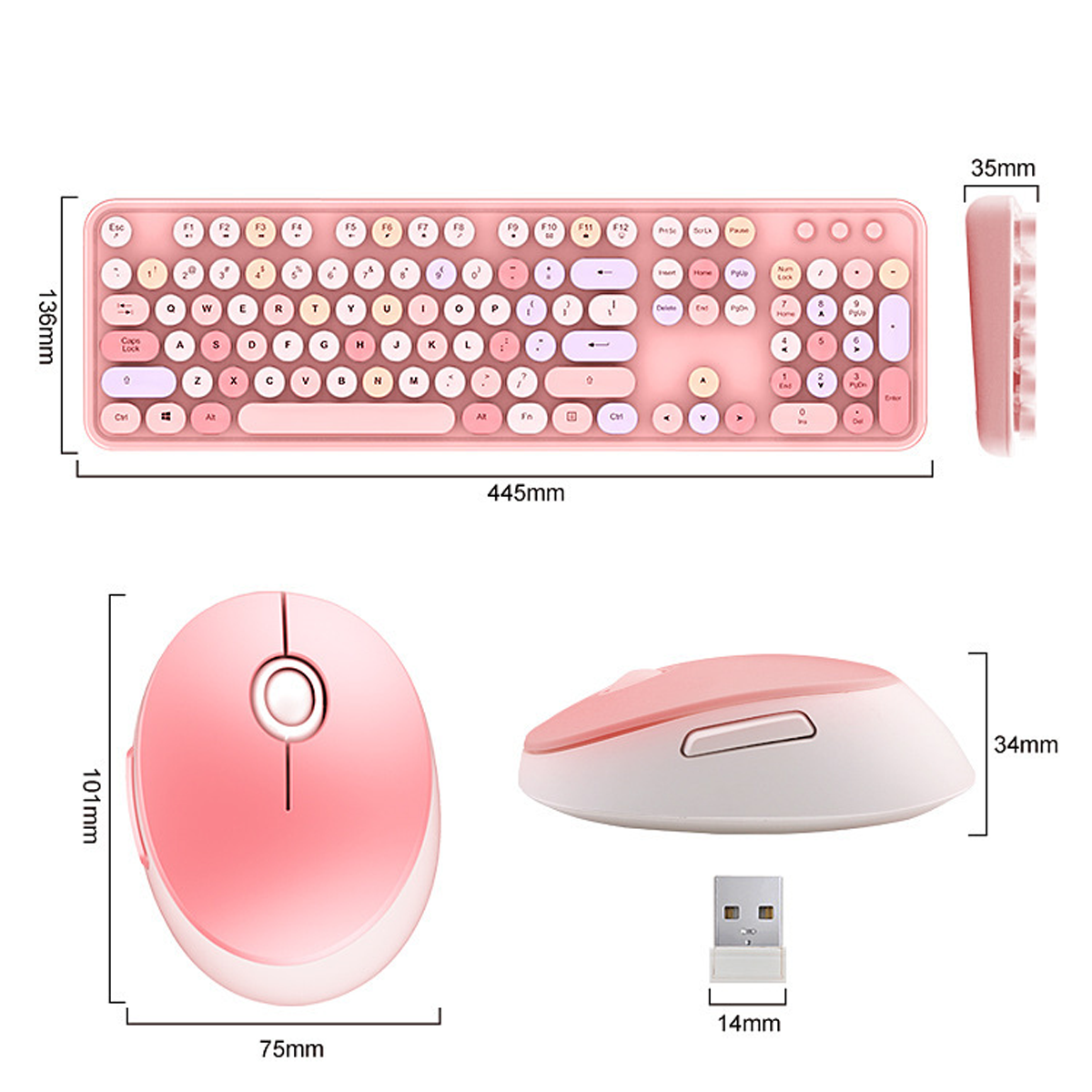 Juego de teclado y ratón inalámbricos rosas. Incluye teclado, ratón y receptor USB, con dimensiones etiquetadas.