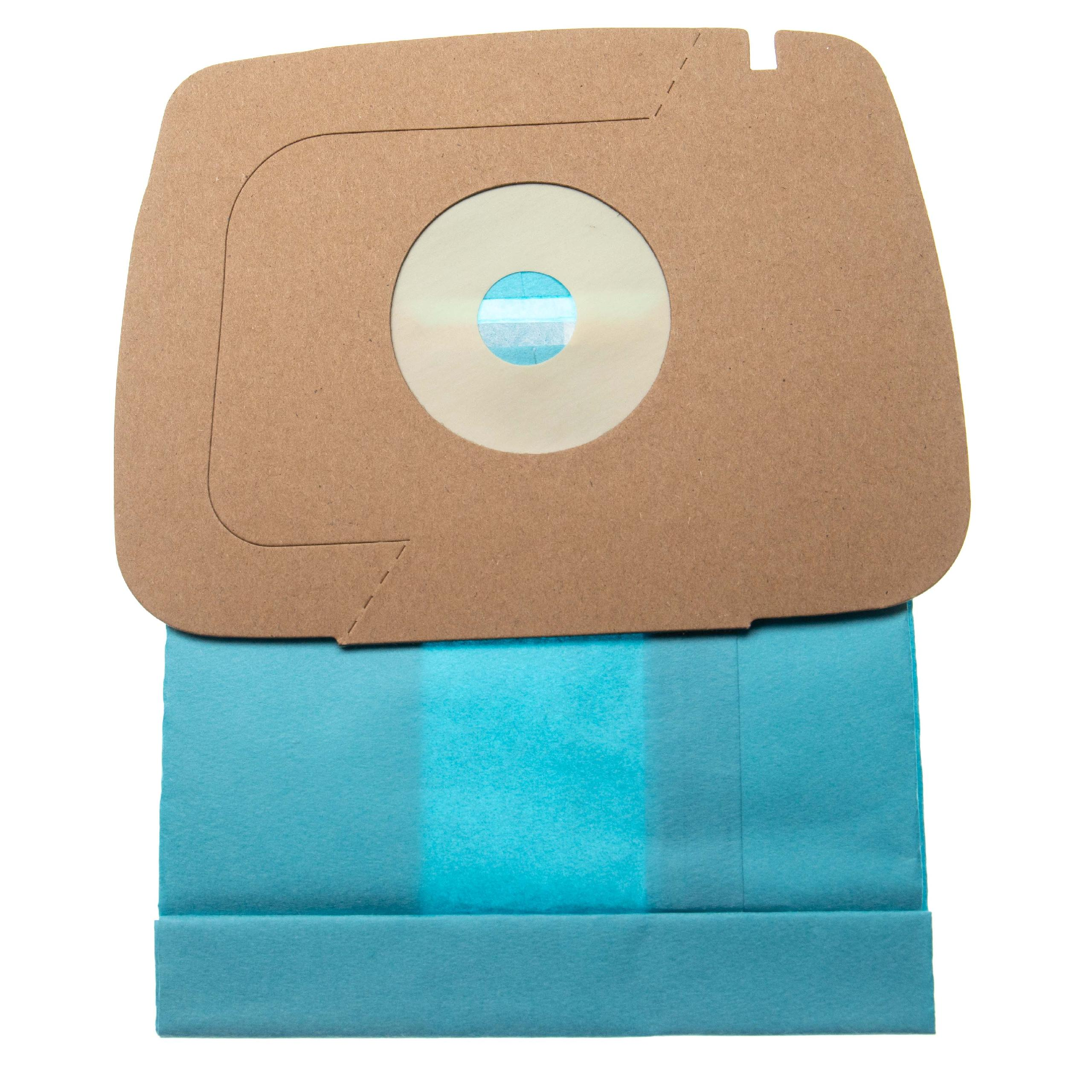 Ein neuer Staubsaugerbeutel, braune Kartonoberseite und blauer Filterboden, isoliert auf weißem Hintergrund.
