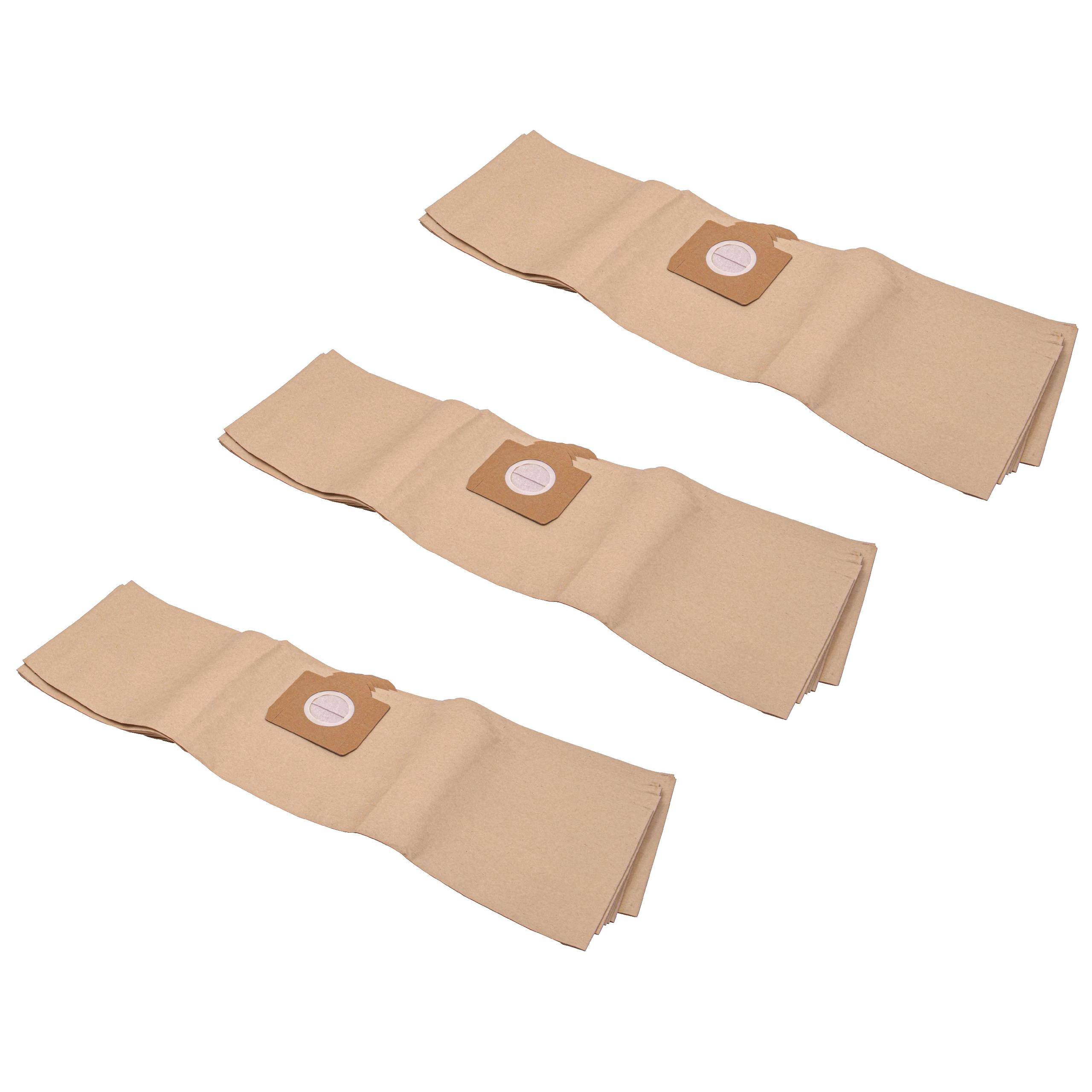 Drei beige Staubsaugerbeutel sind diagonal vor weißem Hintergrund angeordnet. Jeder hat einen kleinen, braunen Filter.