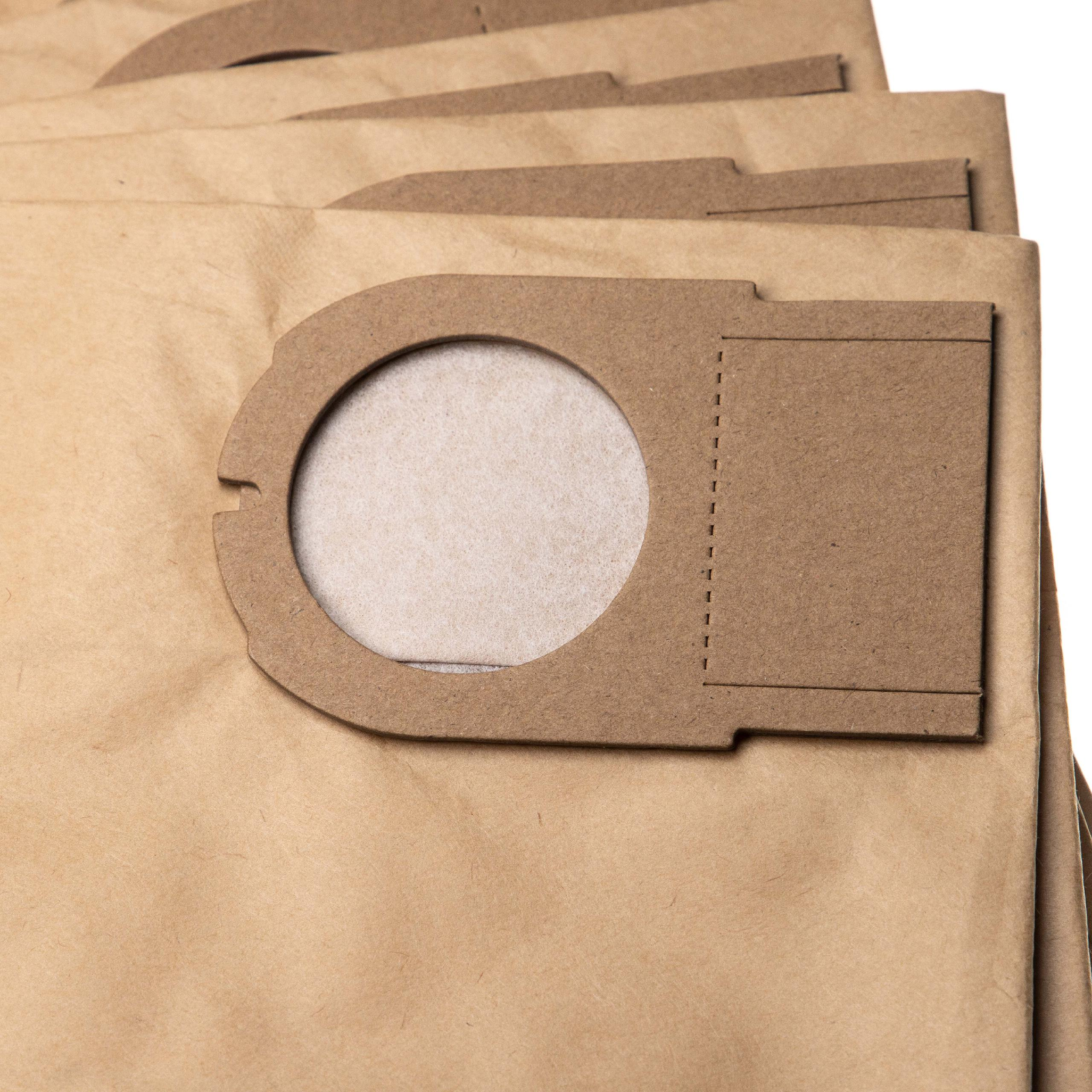 Nahaufnahme von braunen Papiertüten für Staubsauger, eine mit kreisförmiger Öffnung und rechteckigem Tab. Andere sind dahinter gestapelt.