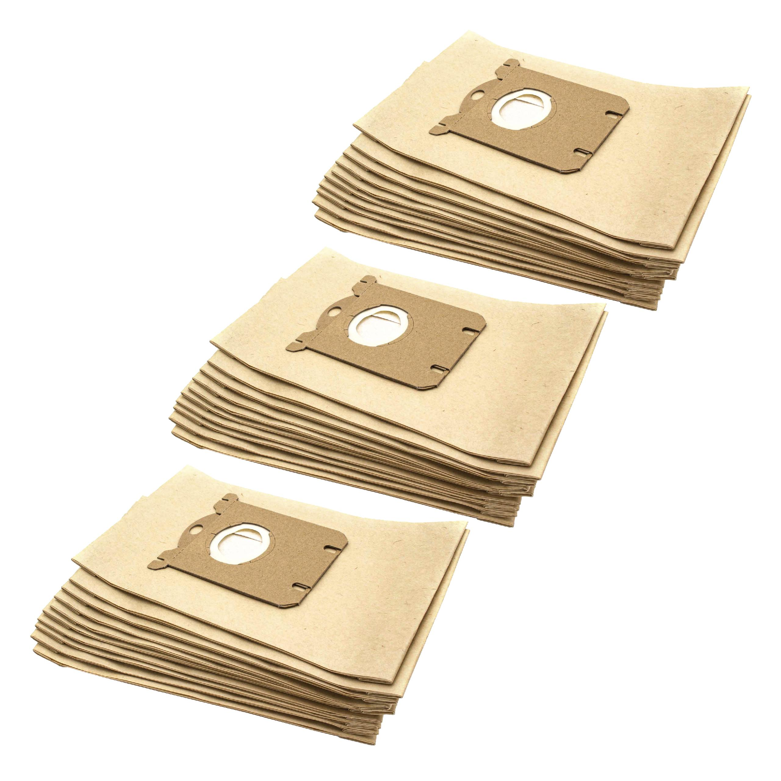 Drei Stapel Staubsaugerbeutel. Jeder Beutel ist beige mit einem braunen Kartonaufsatz.