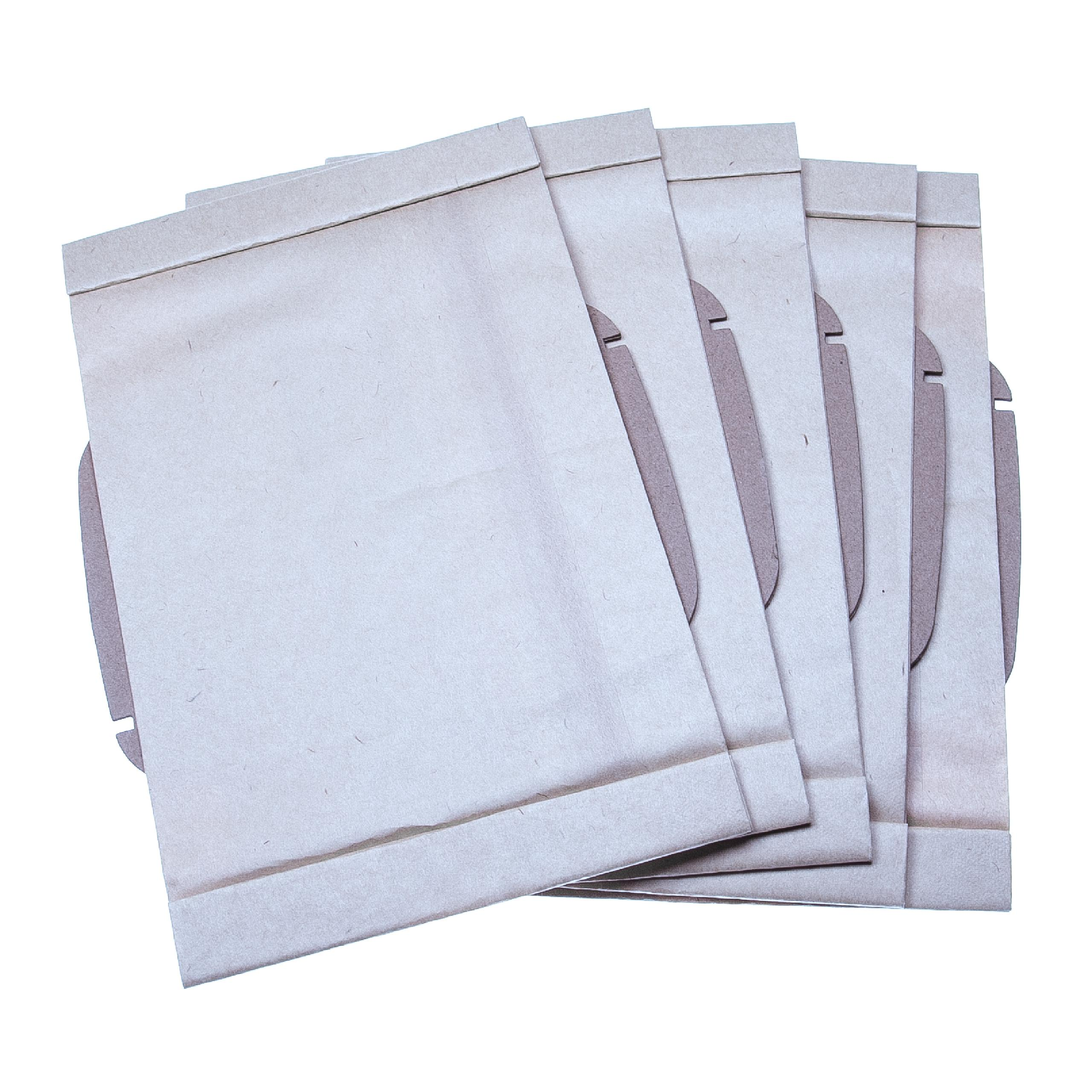 Fünf beige Papiertüten sind leicht überlappend vor weißem Hintergrund angeordnet. Sie haben abgerundete Ecken und eine gefaltete Oberseite.