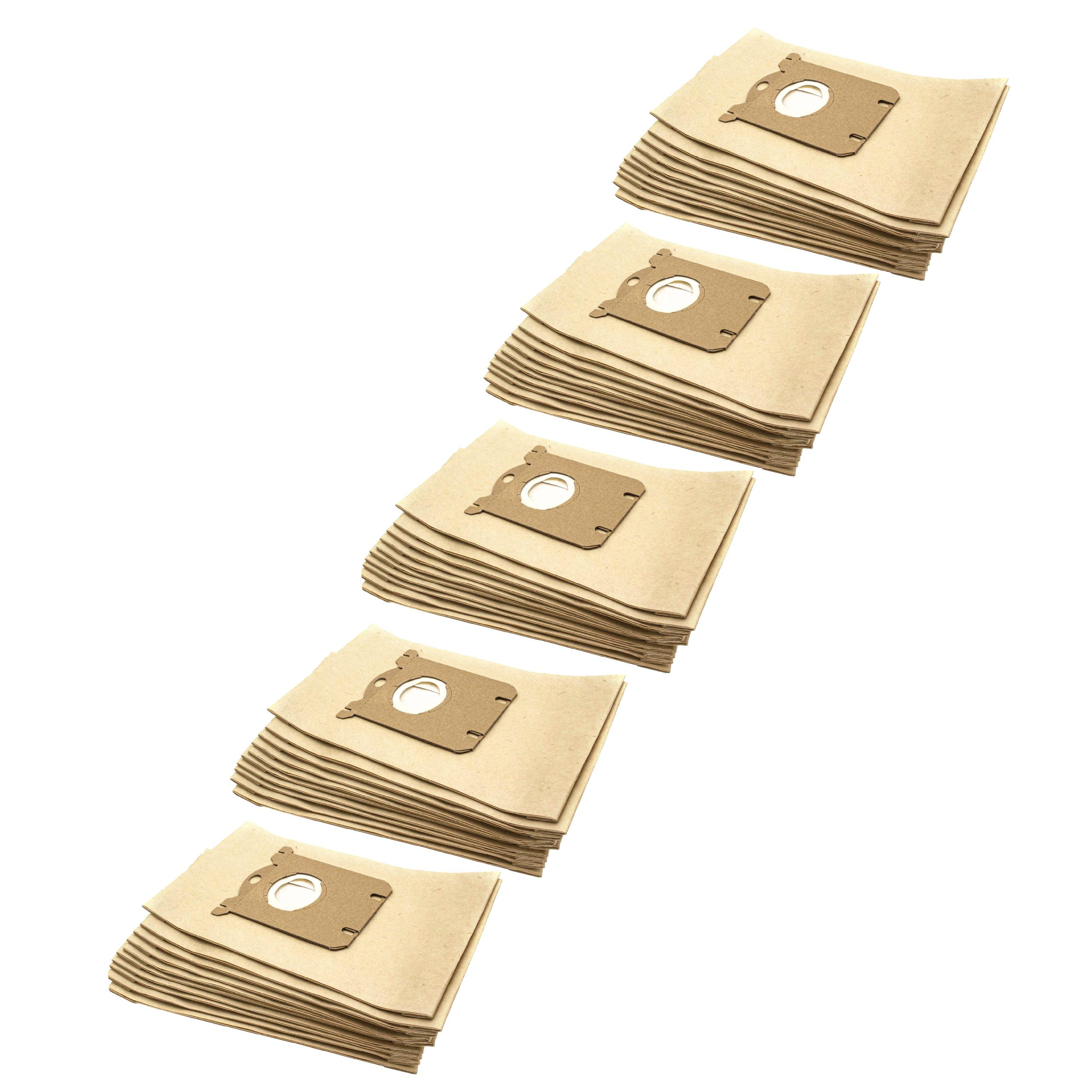 Mehrere Stapel beige Staubsaugerbeutel mit braunen kreisförmigen Öffnungen auf weißem Hintergrund.