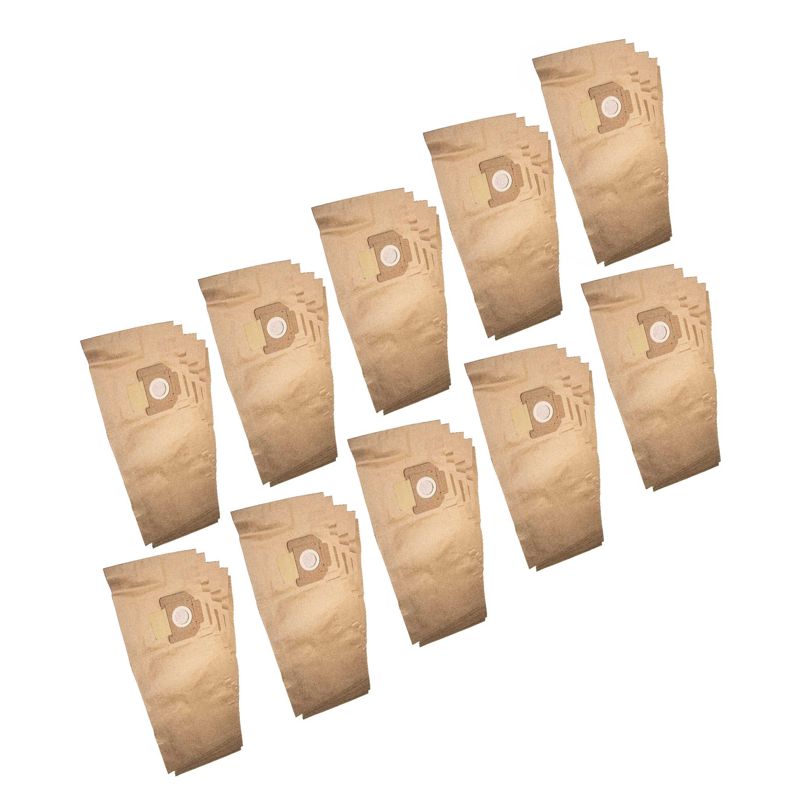 Zehn beige Staubsaugerbeutel mit rundem Filter sind diagonal auf weißem Hintergrund angeordnet.