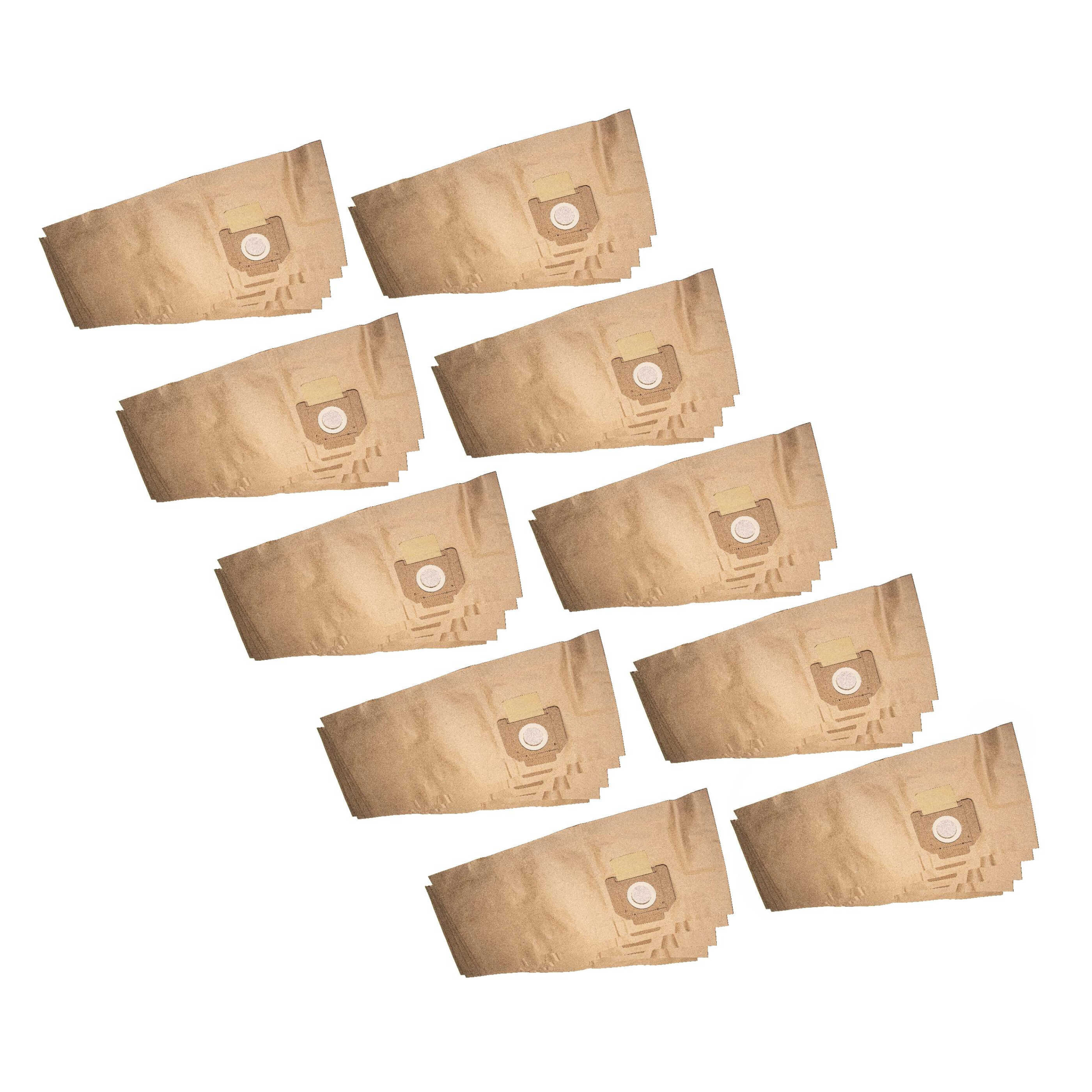 Zehn braune Staubsaugerbeutel sind diagonal auf weißem Hintergrund angeordnet. Jeder Beutel hat einen weißen Filter.