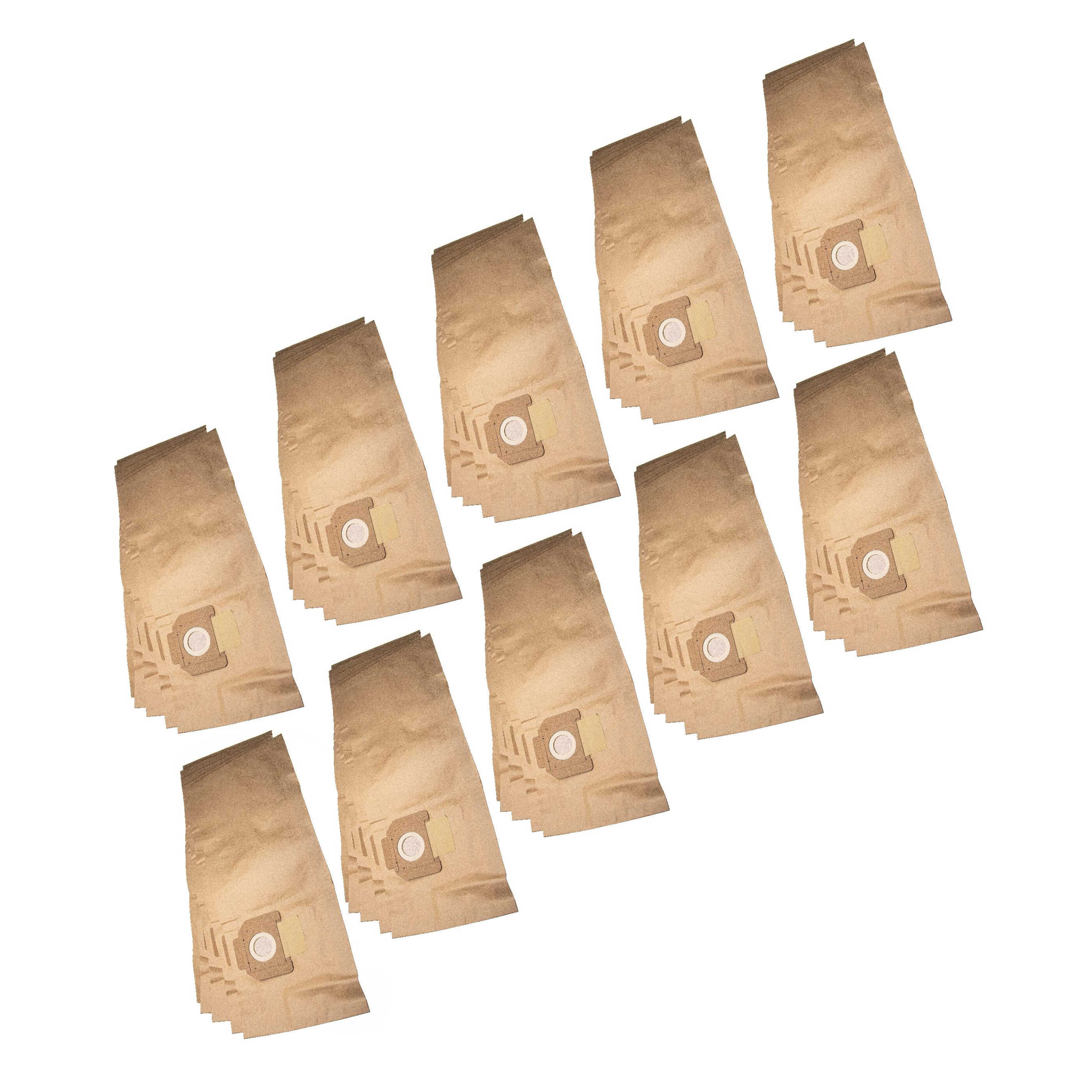 Zehn beige Staubsaugerbeutel diagonal auf weißem Grund angeordnet. Jeder Beutel hat eine runde Öffnung und eine rechteckige Klappe.