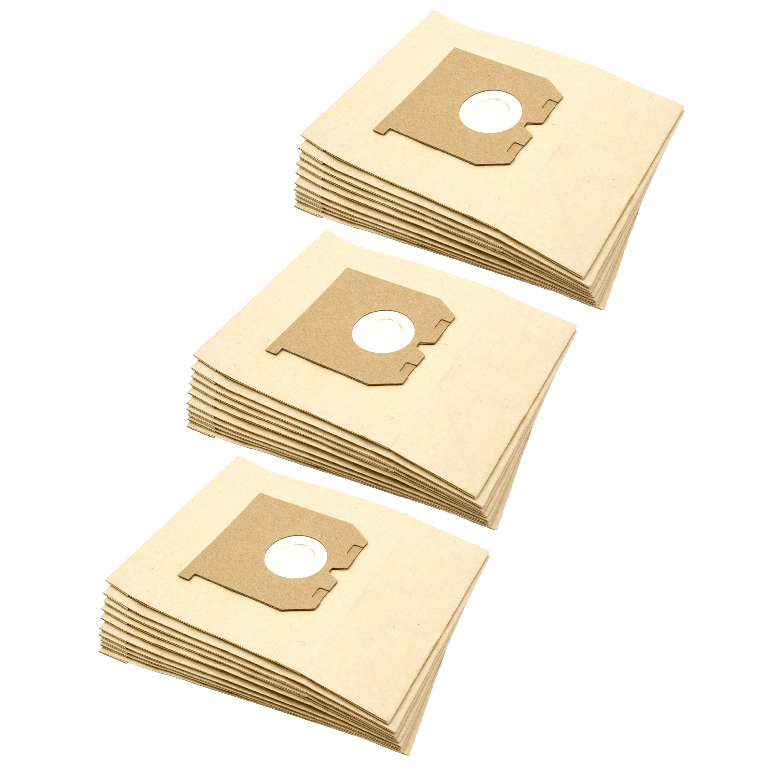 Drei Stapel Staubsaugerfilterbeutel. Jeder Beutel ist beige mit einem braunen Filtereinsatz und einem runden Loch.