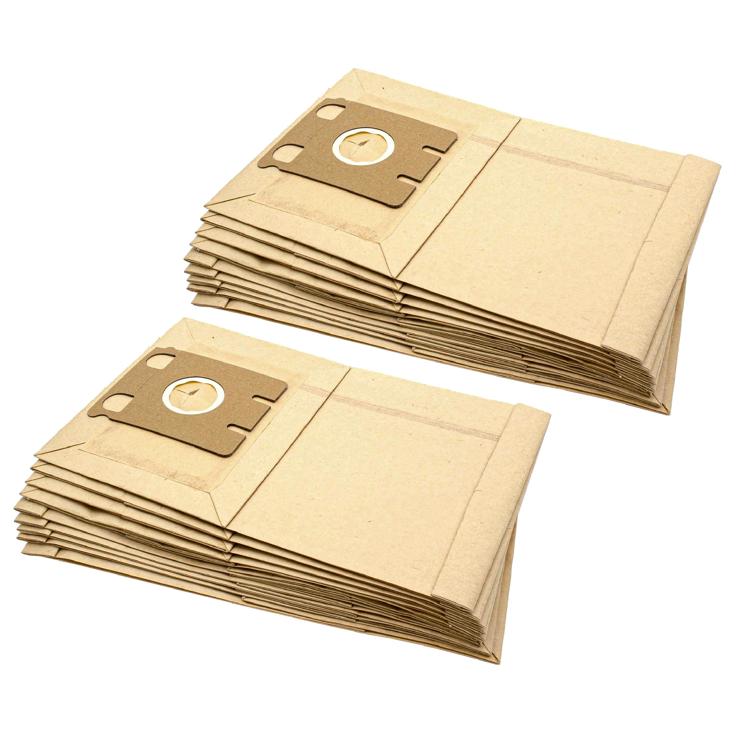 Zwei Stapel beige Staubsaugerbeutel. Jeder Beutel hat einen braunen Filter mit rundem Loch.