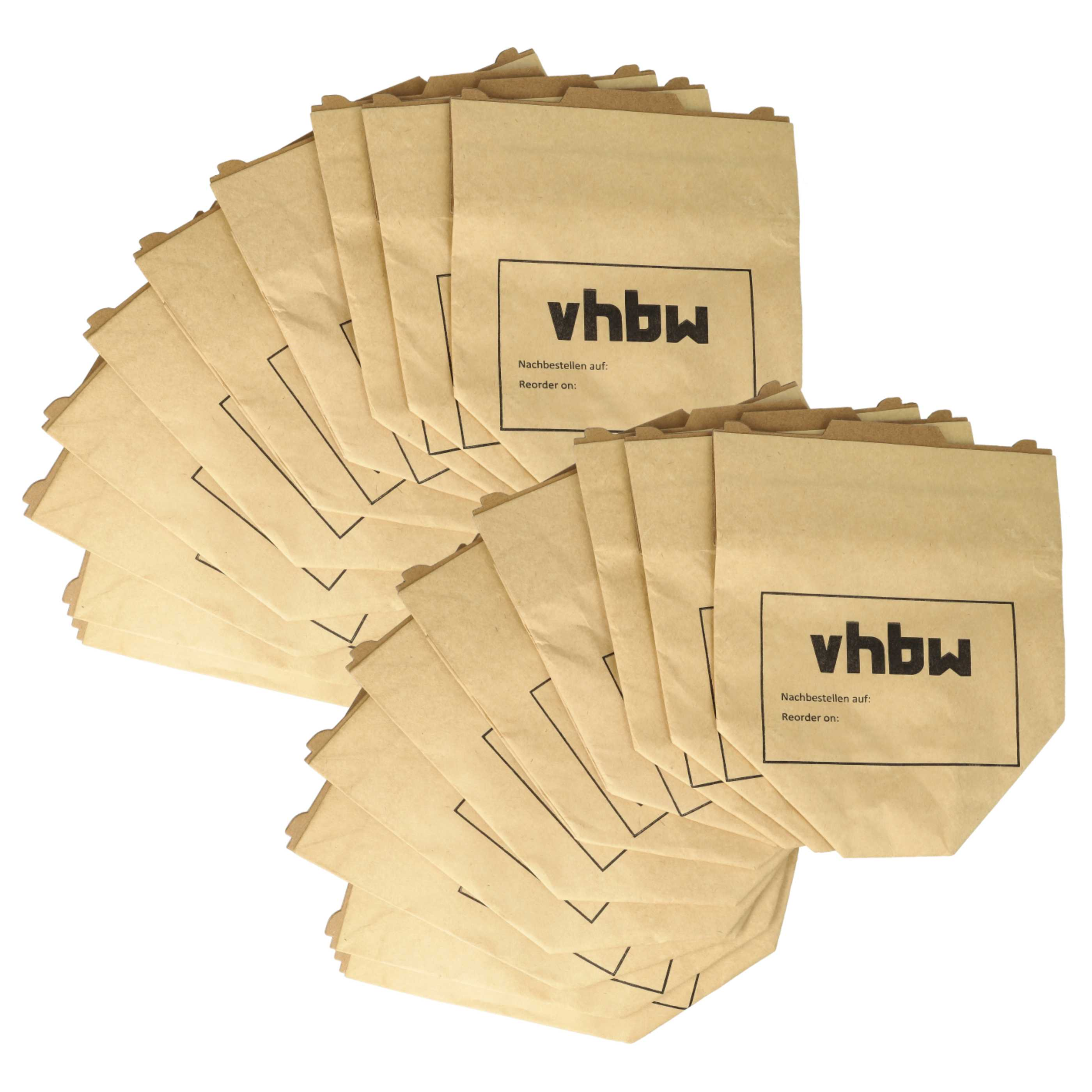 Ein Stapel brauner Papiertüten. Jede Tüte hat ein schwarzes Logo und Text. Die Tüten sind fächerförmig angeordnet.
