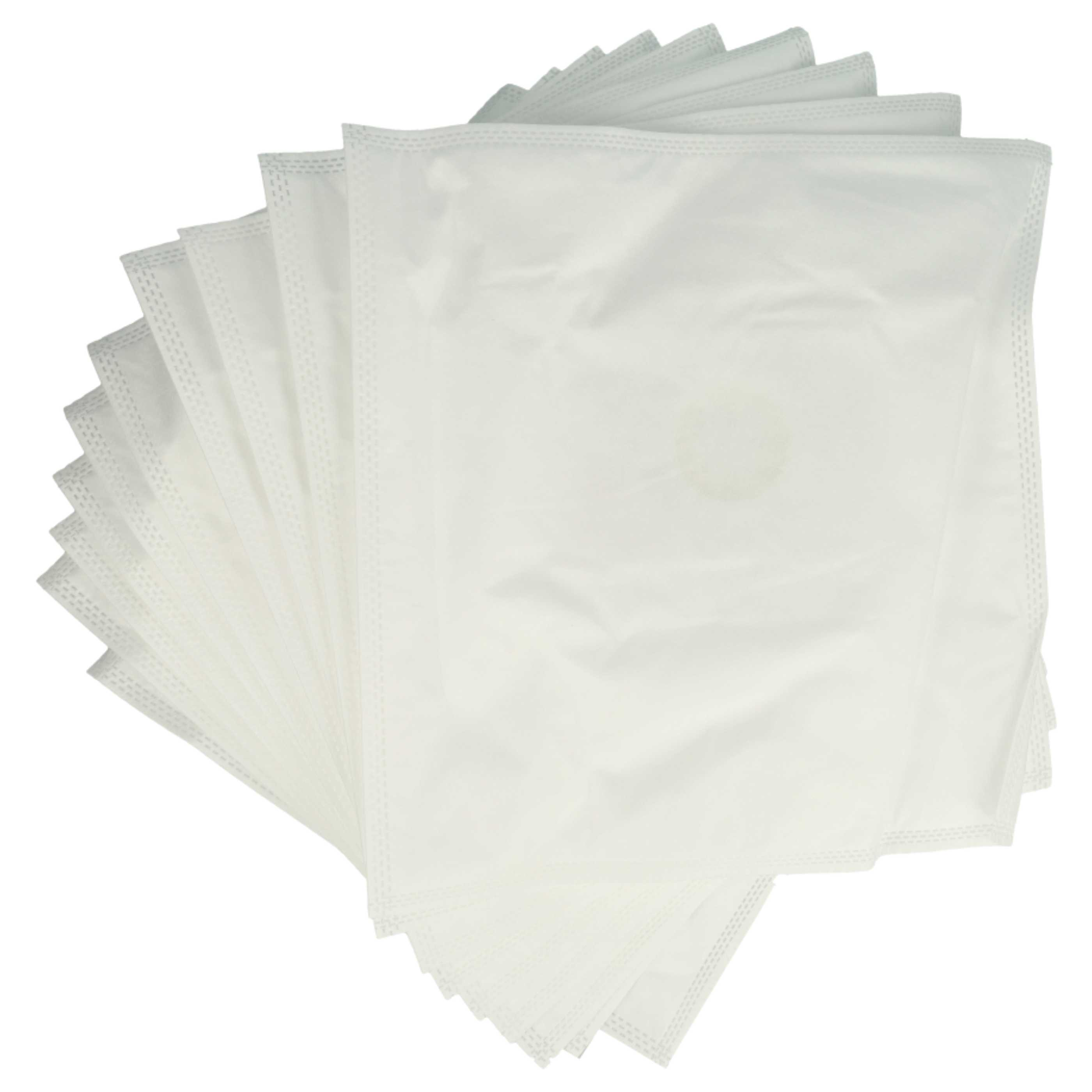 Ein Stapel weißer, rechteckiger Plastikhüllen, die sich vor einem weißen Hintergrund auffächern. Jede Hülle hat einen genähten Rand.