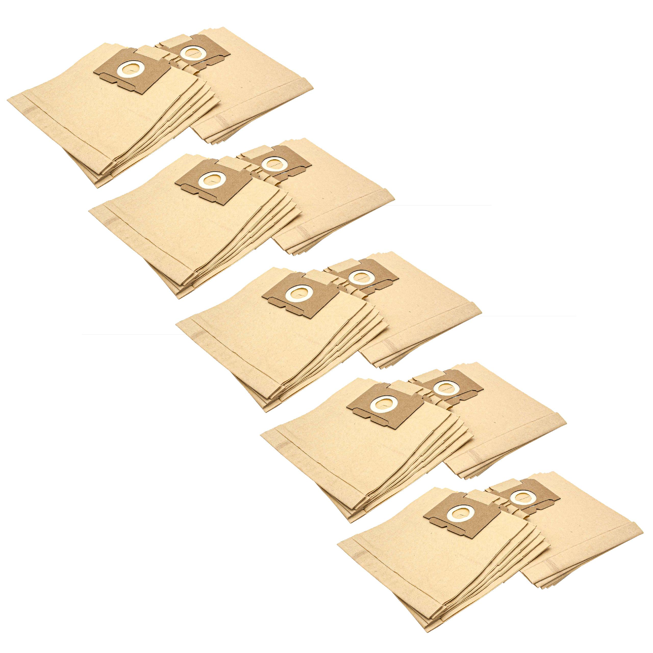 Mehrere beige Staubsaugerbeutel mit braunen Kartonaufsätzen, diagonal vor weißem Hintergrund angeordnet.