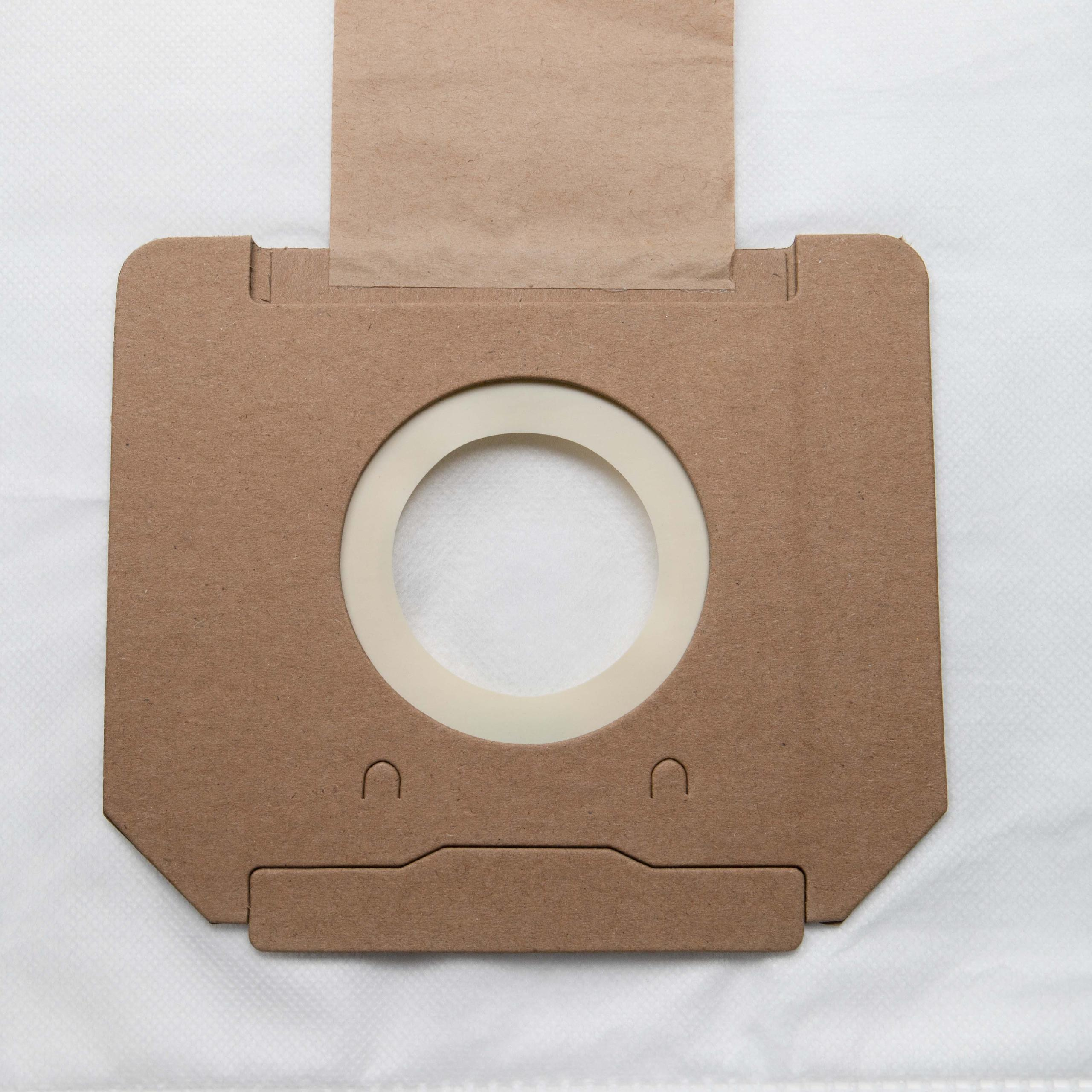Ein brauner Staubsaugerbeutel mit einem zentralen beigen Ring und einer braunen Papierlasche auf weißem Hintergrund.